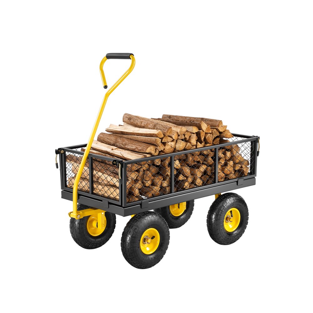 VEVOR Bollerwagen 226,80 kg, Transportwagen, Gartenwagen, Gerätewagen, Handwagen mit großen Geländereifen, abnehmbaren Seitenteilen aus Netzmaterial und um 180° drehbarem Griff, Gelb/Schwarz