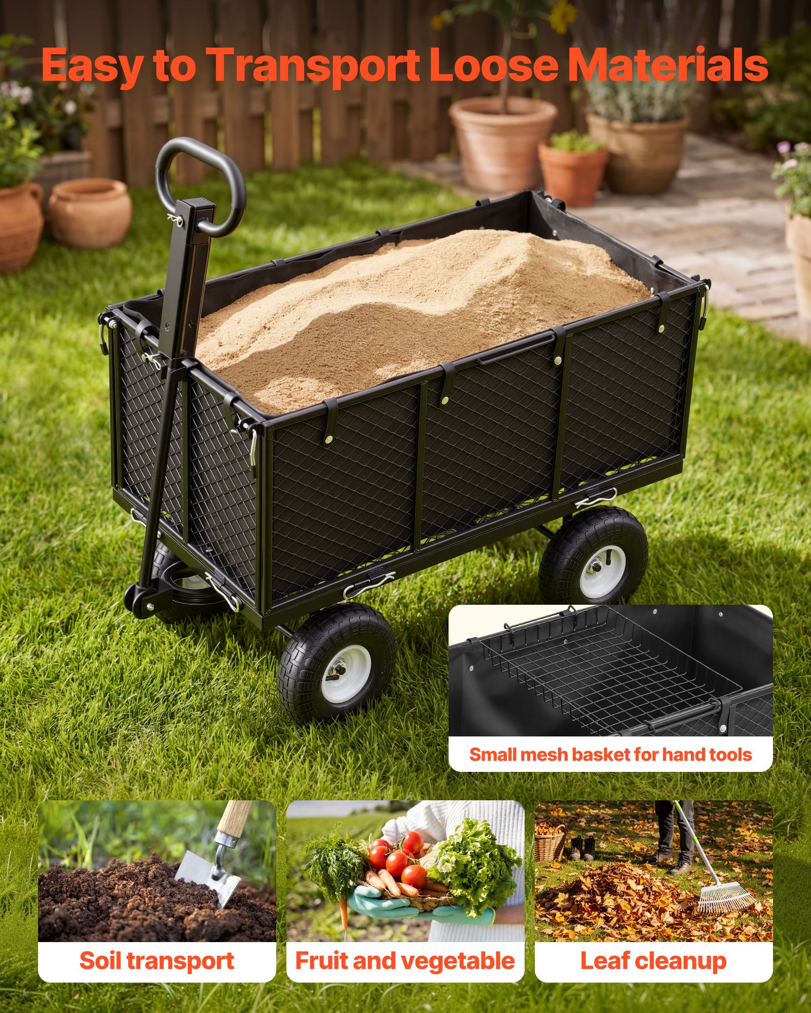 VEVOR Bollerwagen, 544 kg, Handwagen, Transportwagen mit Luftreifen, verstellbarem Griff, abnehmbaren Seitenwänden, Strandwagen, Campingwagen, Gartenwagen zur Befestigung an ATV oder Traktor, Schwarz