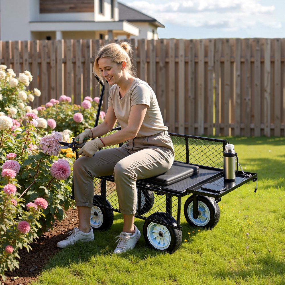 VEVOR Bollerwagen 226,8 kg Tragkraft, Gartenwagen mit Sitz & PU-Rädern, Transportwagen mit Werkzeugablage & Verstellbarem Griff, Gerätewagen für Rasen, Terrasse & Garten, Schwarz