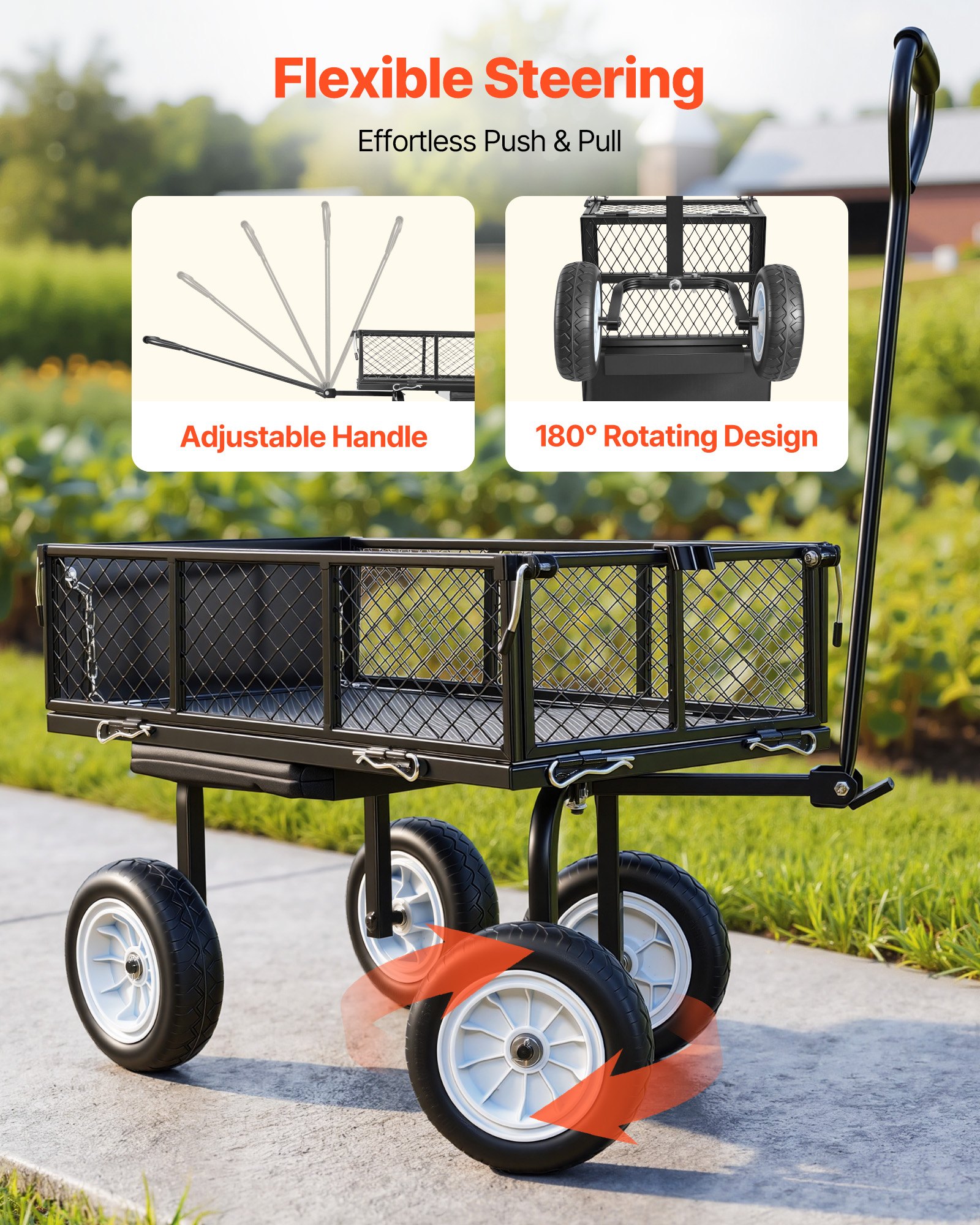 VEVOR Bollerwagen 226,8 kg Tragkraft, Gartenwagen mit Sitz & PU-Rädern, Transportwagen mit Werkzeugablage & Verstellbarem Griff, Gerätewagen für Rasen, Terrasse & Garten, Schwarz