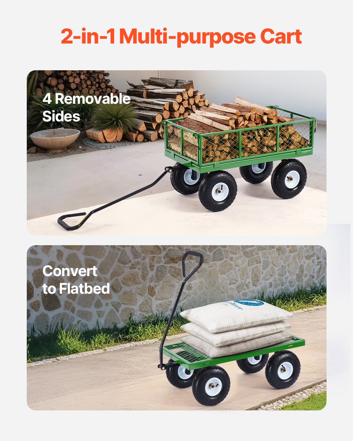 VEVOR Bollerwagen 408,23 kg, Transportwagen, Gerätewagen, Gartenwagen, Handwagen mit 10-Zoll-Reifen und abnehmbaren Seitenteilen aus Netzgewebe (umbaubar in Pritsche) und um 180° drehbarem Griff