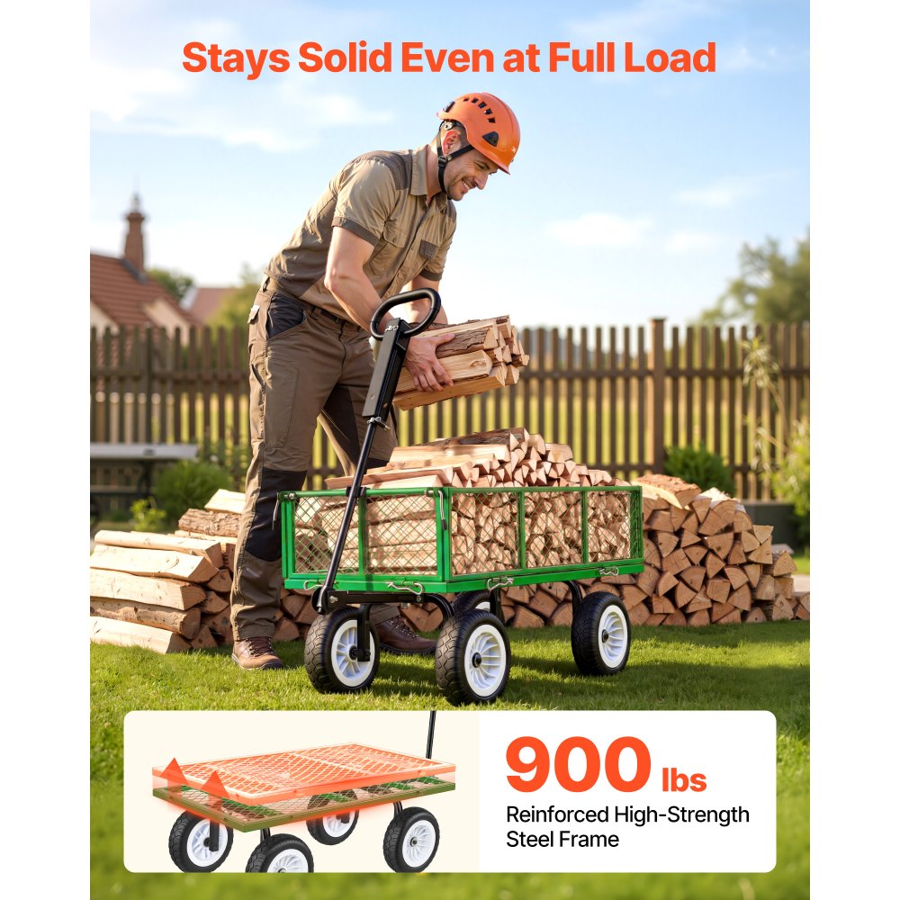 VEVOR Bollerwagen 408,2 kg Tragkraft, Gartenwagen mit PU-Reifen, Stahl-Transportwagen mit Verstellbarem Griff, Abnehmbaren Seitenwänden, Gerätewagen zur Befestigung an ATV oder Traktor, Grün