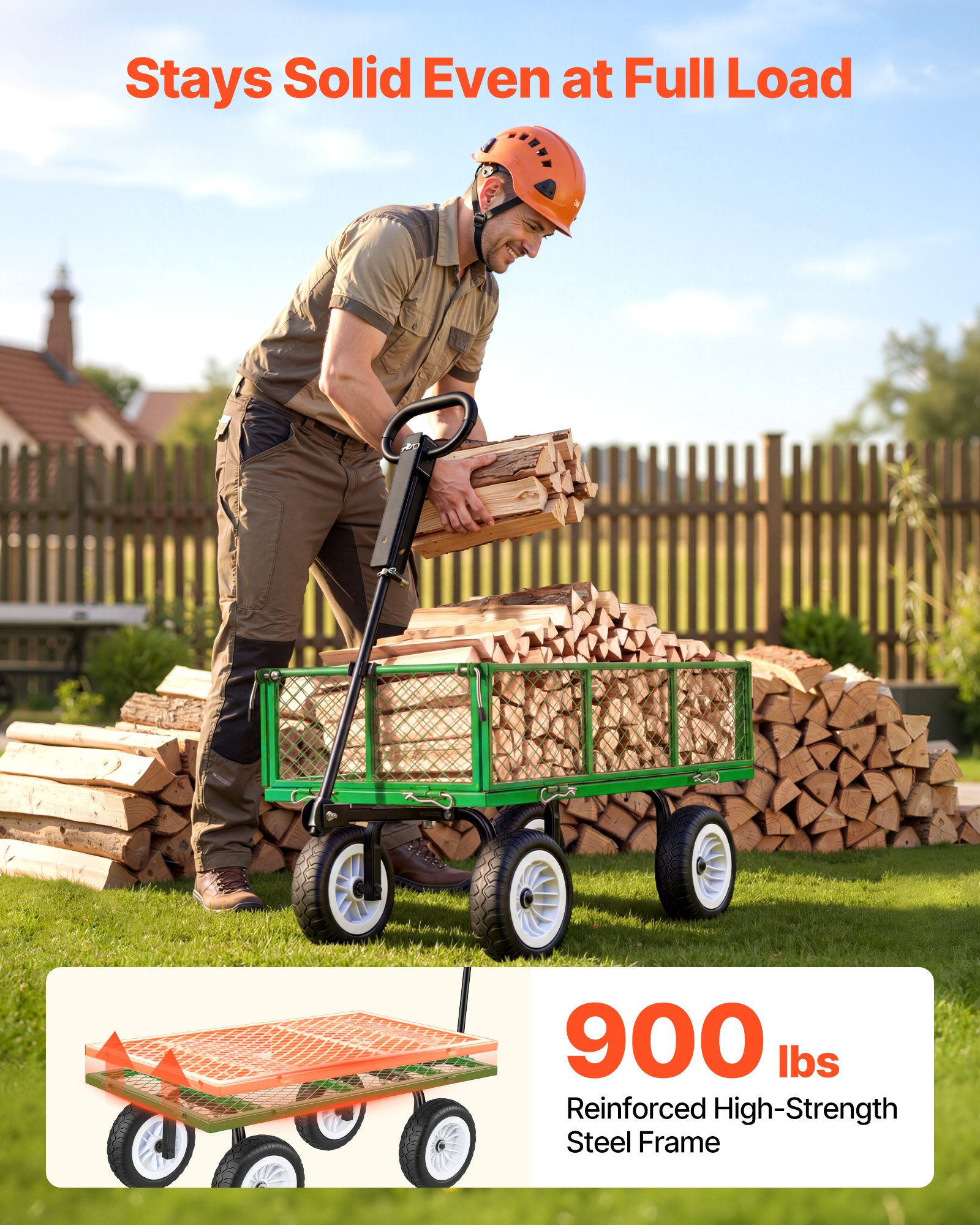 VEVOR Bollerwagen 408,2 kg Tragkraft, Gartenwagen mit PU-Reifen, Stahl-Transportwagen mit Verstellbarem Griff, Abnehmbaren Seitenwänden, Gerätewagen zur Befestigung an ATV oder Traktor, Grün