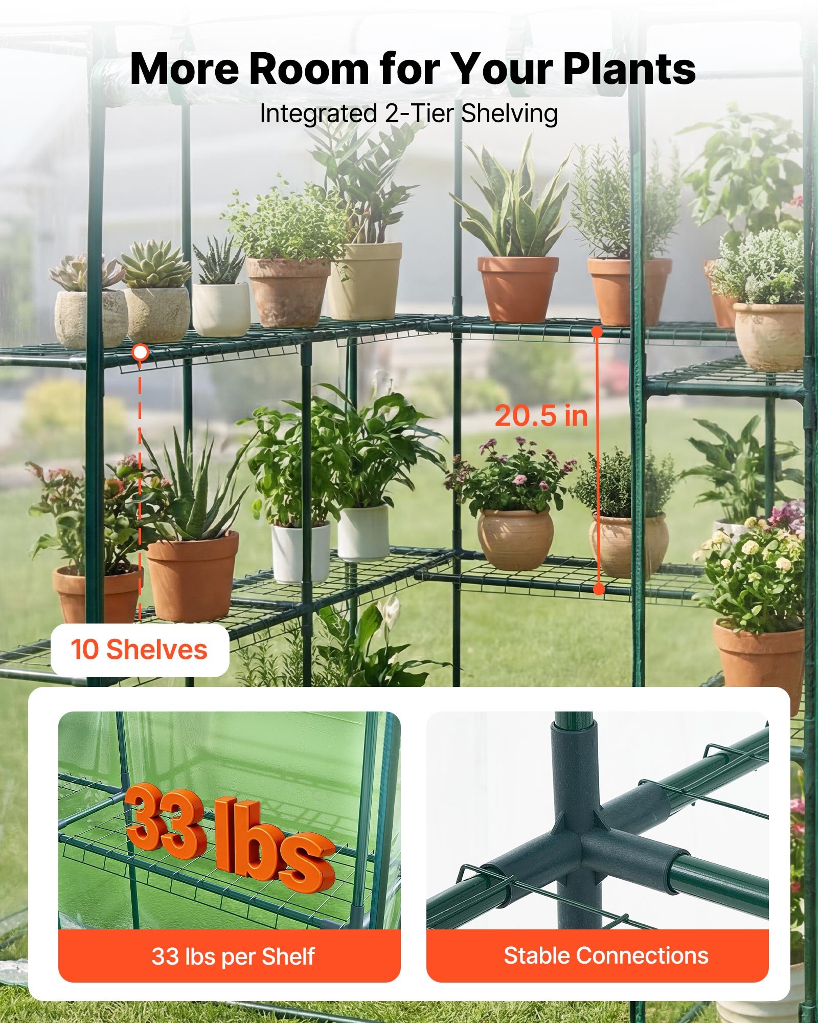 VEVOR Gewächshaus 137x137x196 cm, Foliengewächshaus, Tomatenhaus, Tomatengewächshaus mit PVC-Abdeckung, 2 Ebenen, 10 Regalböden, Aufrollbarer Reißverschlusstür, Treibhaus für Außenbereich