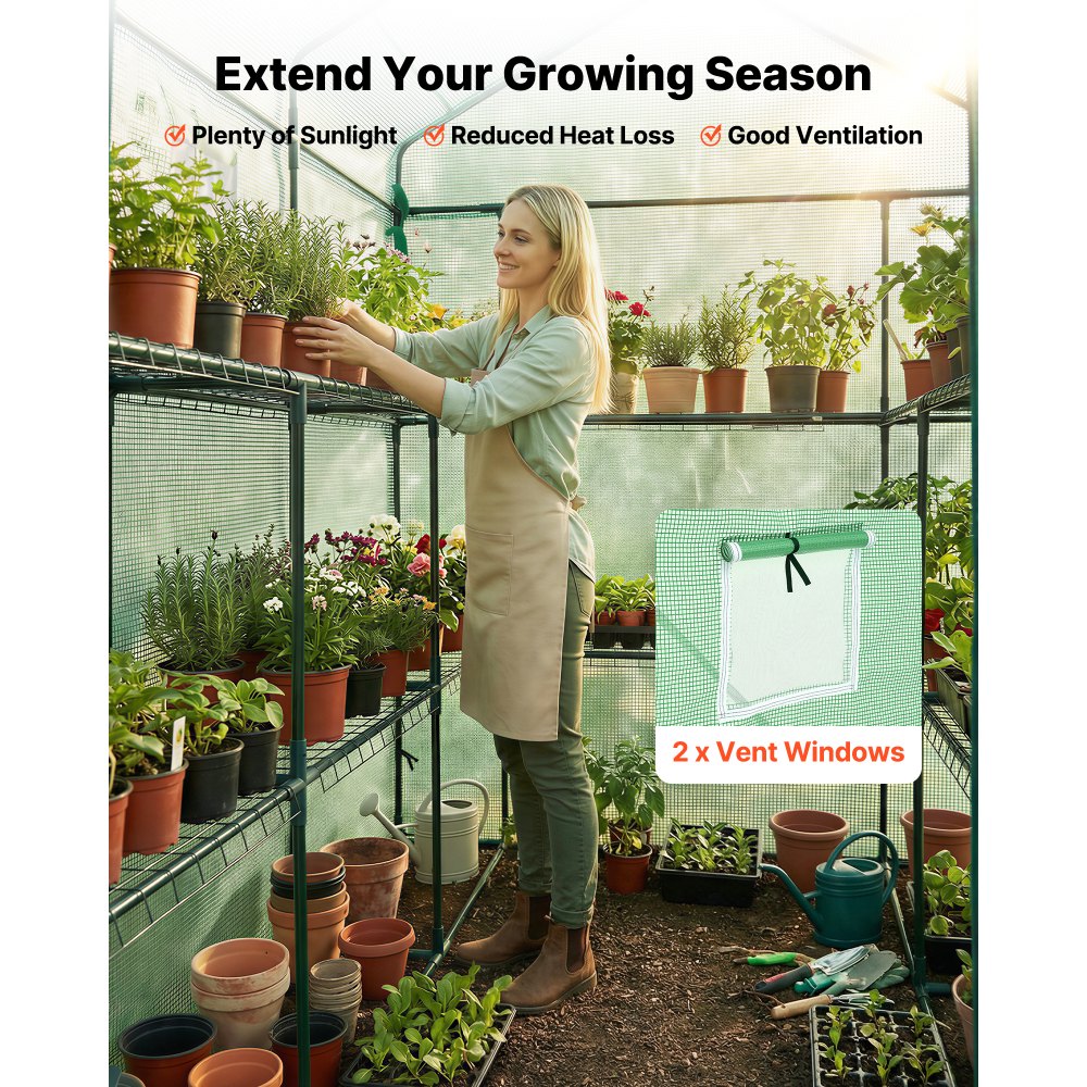 VEVOR Gewächshaus 137x206x196 cm, Foliengewächshaus, Tomatenhaus, Tomatengewächshaus mit Fenstern, PE-Abdeckung, 2 Ebenen, 14 Regalböden, Aufrollbarer Reißverschlusstür, Treibhaus für Garten