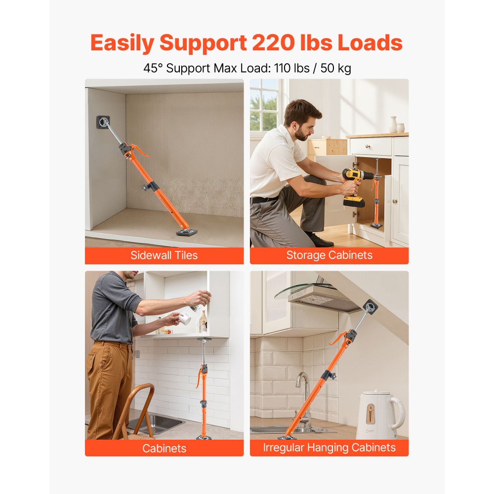 VEVOR Einhandstütze, 2x, Deckenstütze 64,5–115cm, Teleskopstütze aus Stahl, Montagestütze bis zu 100kg Kapazität zum Installieren von Schränken, Anheben von Trockenbauwänden, Frachtstangen