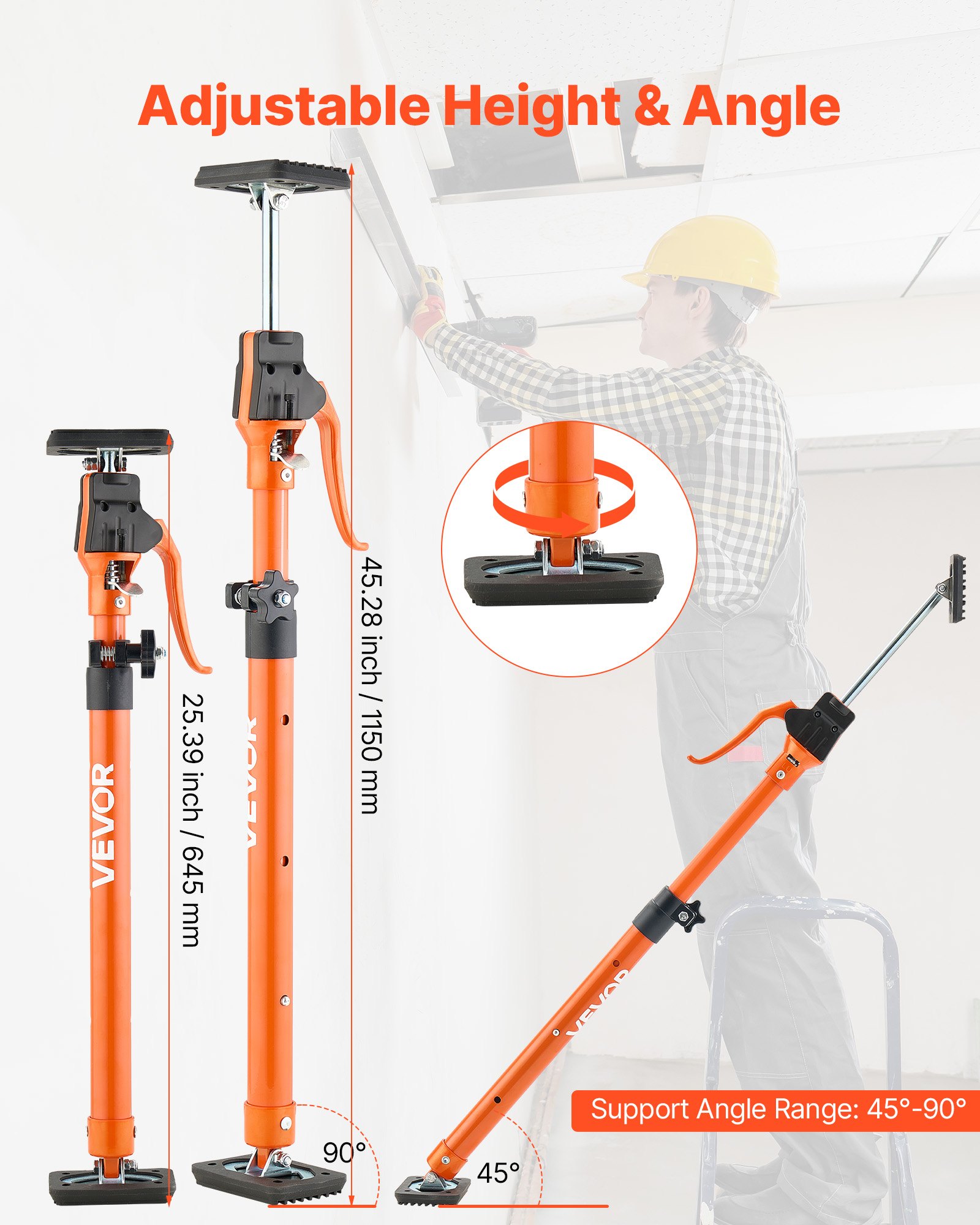 VEVOR Einhandstütze, 2x, Deckenstütze 64,5–115cm, Teleskopstütze aus Stahl, Montagestütze bis zu 100kg Kapazität zum Installieren von Schränken, Anheben von Trockenbauwänden, Frachtstangen