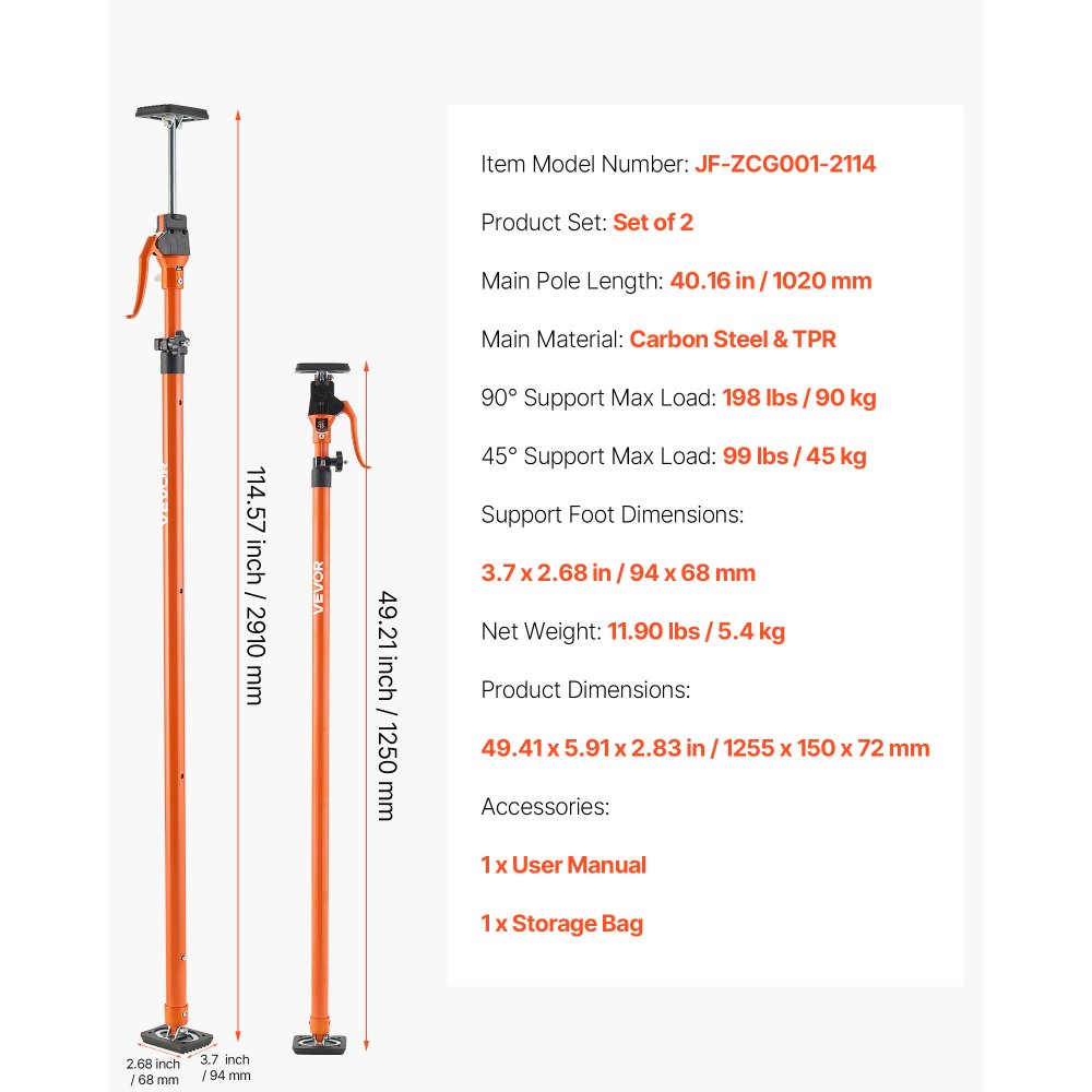 VEVOR Einhandstütze, 2 Stk., Deckenstütze 125–291cm, Teleskopstütze aus Stahl, Montagestütze bis zu 90kg Kapazität zum Installieren von Schränken, Anheben von Trockenbauwänden, Frachtstangen