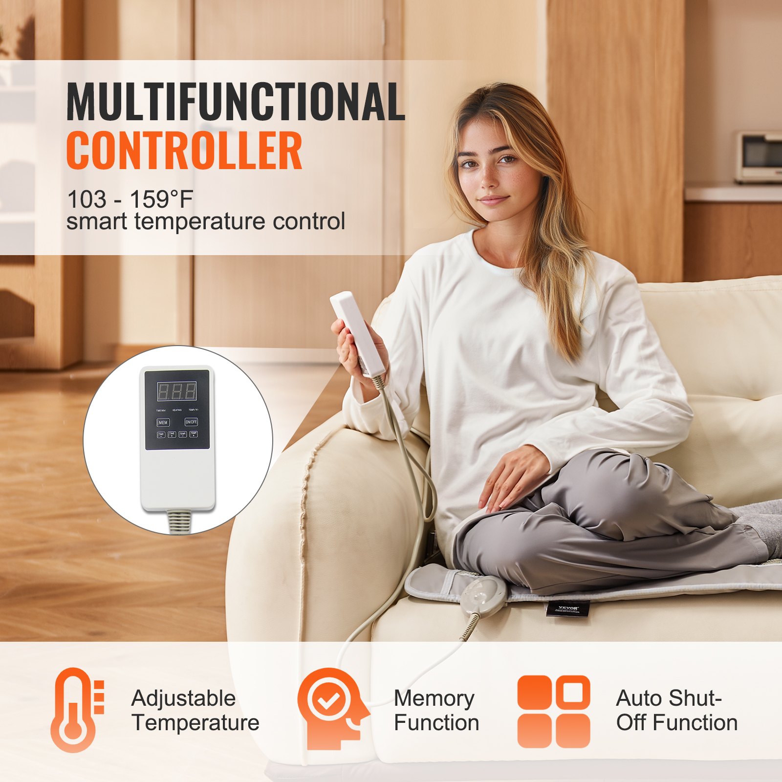 VEVOR Ferninfrarot-Heizkissen, Heizkissen aus 132 Naturjade und 54 Turmalinsteinen zur Linderung von Rückenschmerzen, 39–70 °C Heizkissen mit Smart-Controller und automatischer Abschaltung (mittlere Größe 99,9 x 55,6 cm)