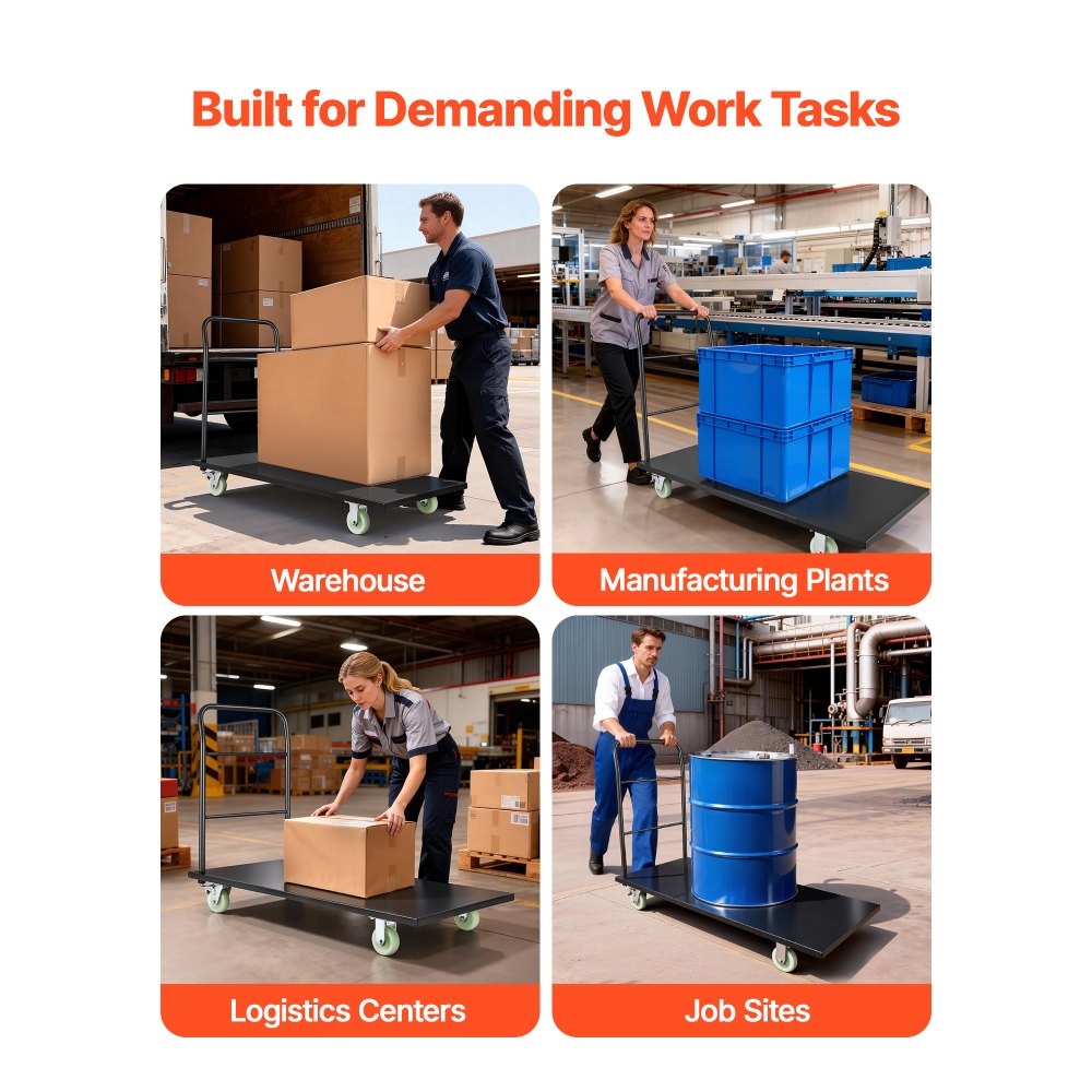 VEVOR Plattformwagen Klappbar 907 kg, Transportwagen mit Schwenkrädern & Griff, Lagerwagen, Schwerlast-Rollwagen für Gepäcktransporte, Ideal für Lager, Werkstatt, Fabrik, 1525x700x1090 mm