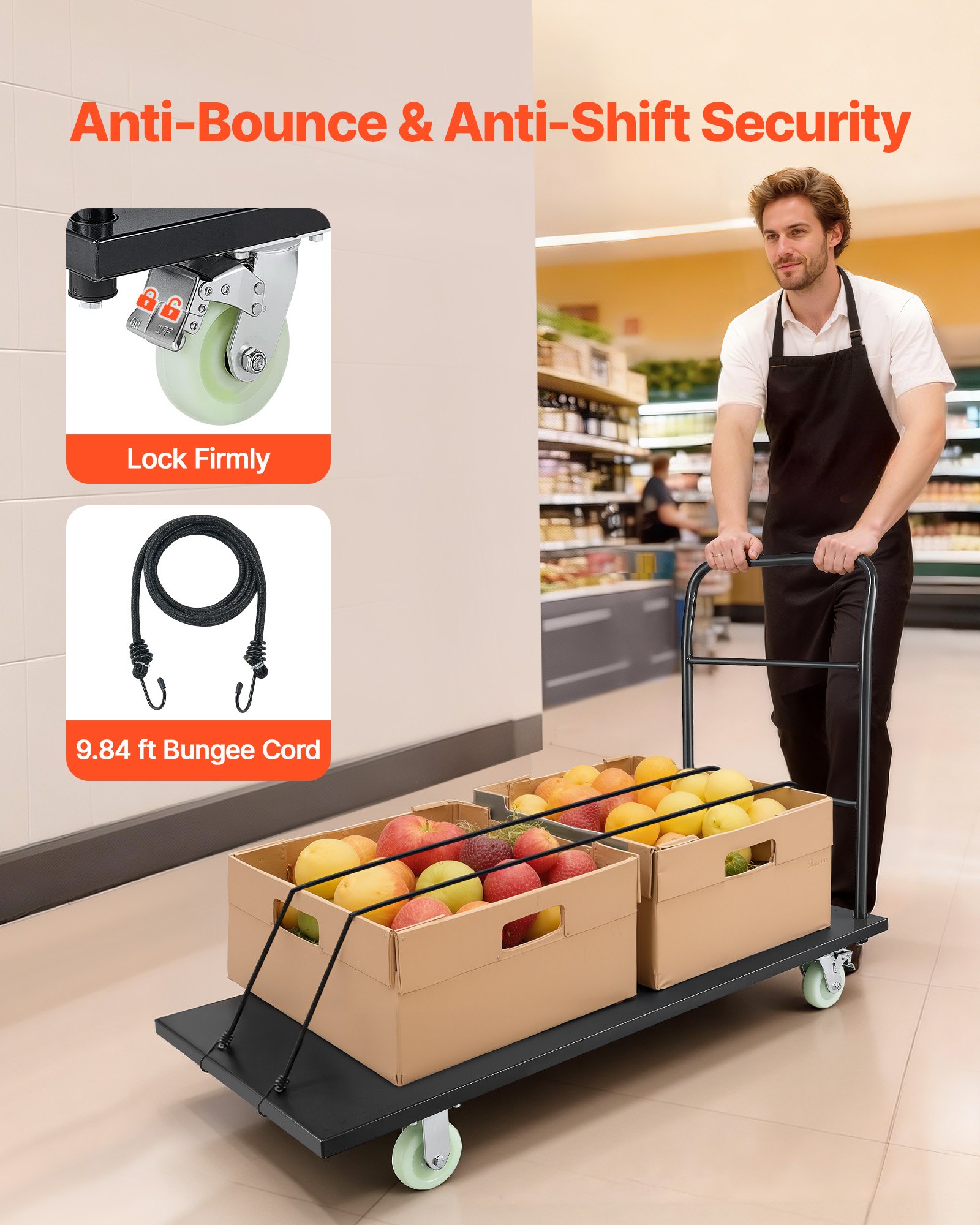 VEVOR Plattformwagen Klappbar 907 kg, Transportwagen mit Schwenkrädern & Griff, Lagerwagen, Schwerlast-Rollwagen für Gepäcktransporte, Ideal für Lager, Werkstatt, Fabrik, 1525x700x1090 mm