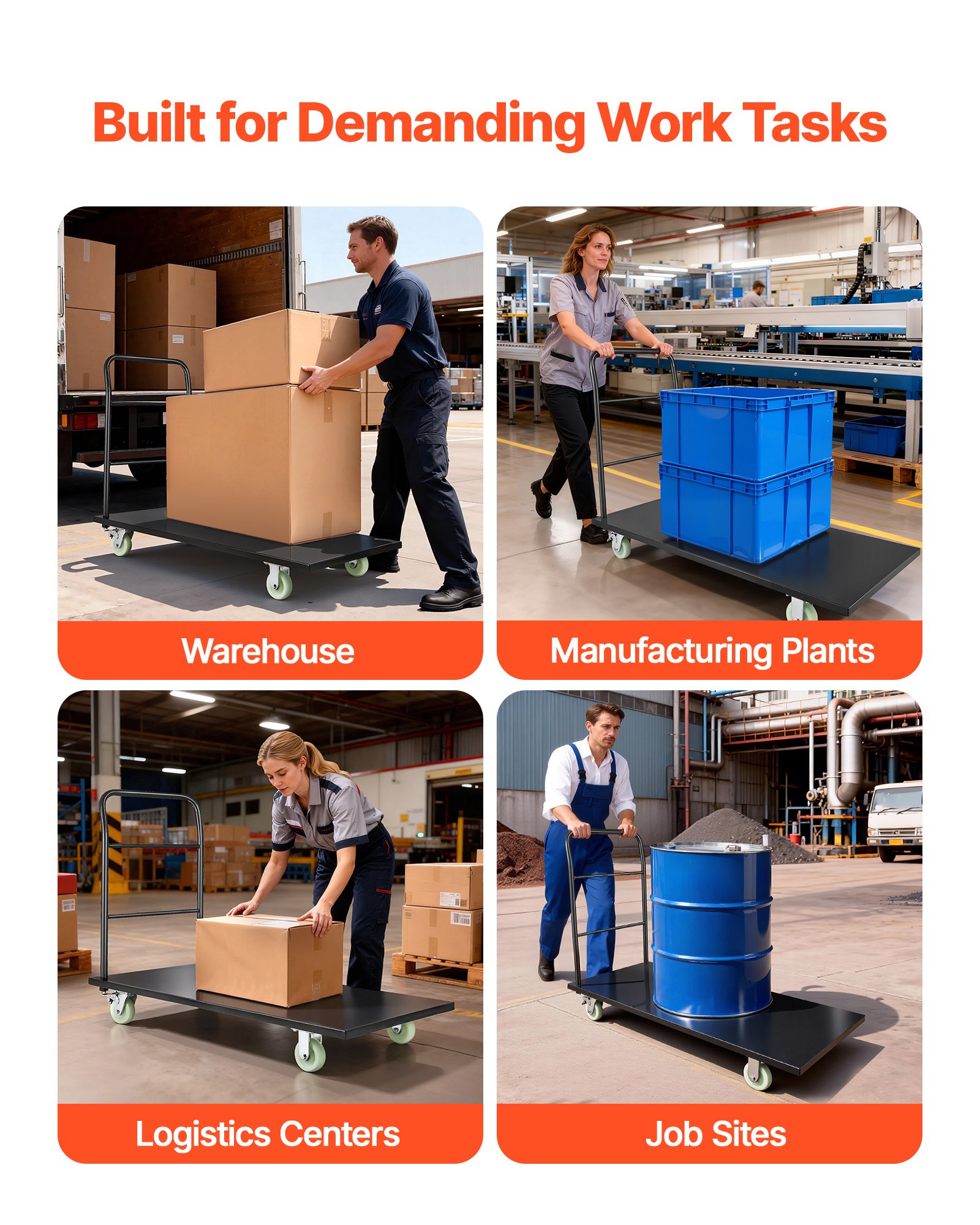 VEVOR Plattformwagen Klappbar 907 kg, Transportwagen mit Schwenkrädern & Griff, Lagerwagen, Schwerlast-Rollwagen für Gepäcktransporte, Ideal für Lager, Werkstatt, Fabrik, 1525x700x1090 mm