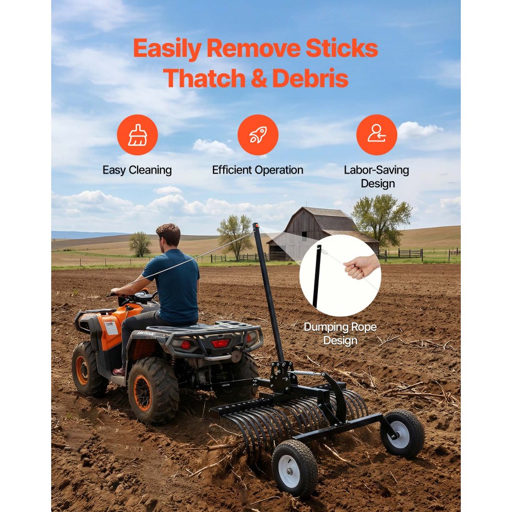 VEVOR Rasentraktor Heuharke 1219 mm, Heurechen mit 24 Harkenzinken, Rasenrechen zum Ziehen für ATV-Rasenmäher & Traktoren, Höhen- & Winkelverstellung, Hochleistungs-Vertikutierer für Laub & Unrat