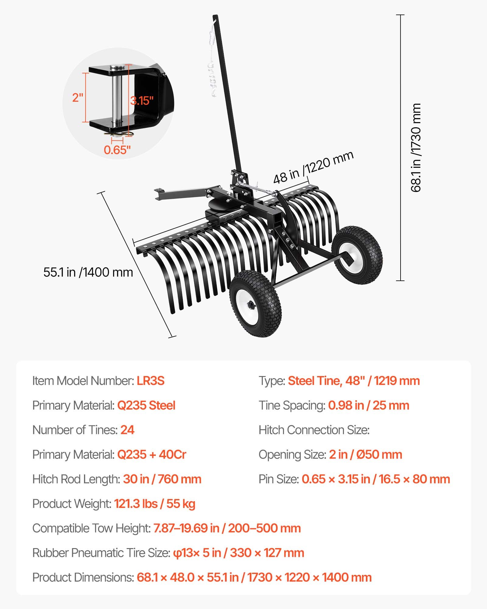 VEVOR Rasentraktor Heuharke 1219 mm, Heurechen mit 24 Harkenzinken, Rasenrechen zum Ziehen für ATV-Rasenmäher & Traktoren, Höhen- & Winkelverstellung, Hochleistungs-Vertikutierer für Laub & Unrat