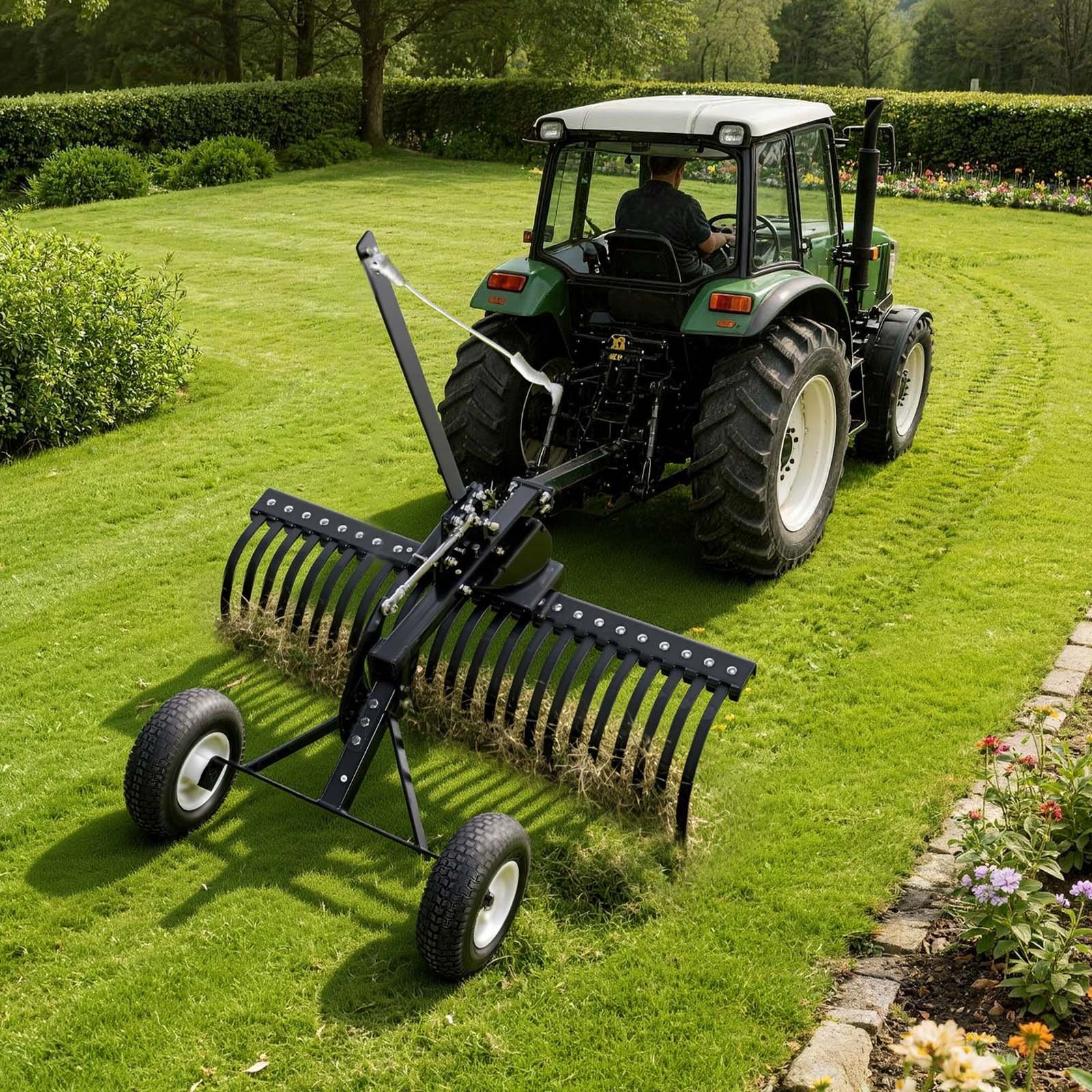 VEVOR Rasentraktor Heuharke 1219 mm, Heurechen mit 24 Harkenzinken, Rasenrechen zum Ziehen für ATV-Rasenmäher & Traktoren, Höhen- & Winkelverstellung, Hochleistungs-Vertikutierer für Laub & Unrat