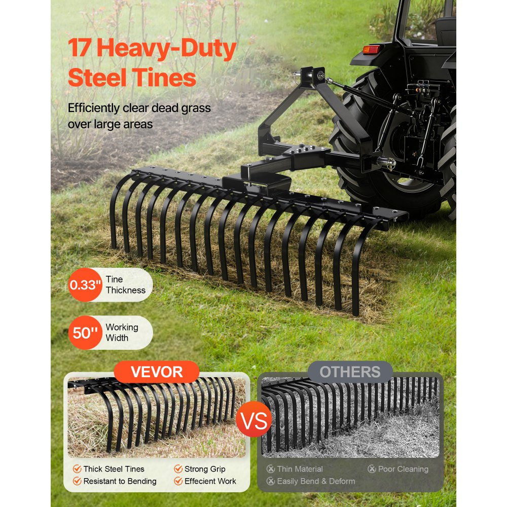 VEVOR 127 cm Lanscape Rock Rake, 3-Point Tow Behind Landscape Rake with 17 Steel Tines, Fit Category 1 Tractors, Angle Adjustable, Heavy Duty Lawn Dethatcher Rake for Grass Branch Debris