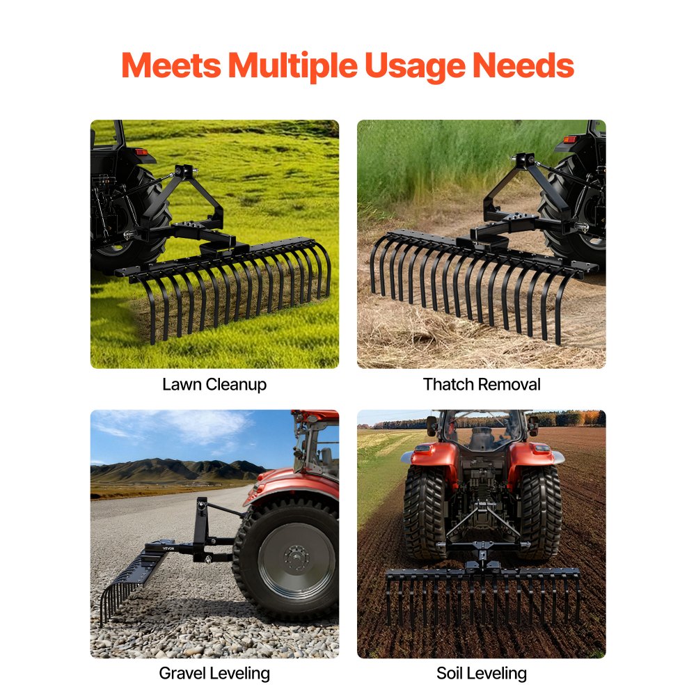 VEVOR 127 cm Lanscape Rock Rake, 3-Point Tow Behind Landscape Rake with 17 Steel Tines, Fit Category 1 Tractors, Angle Adjustable, Heavy Duty Lawn Dethatcher Rake for Grass Branch Debris