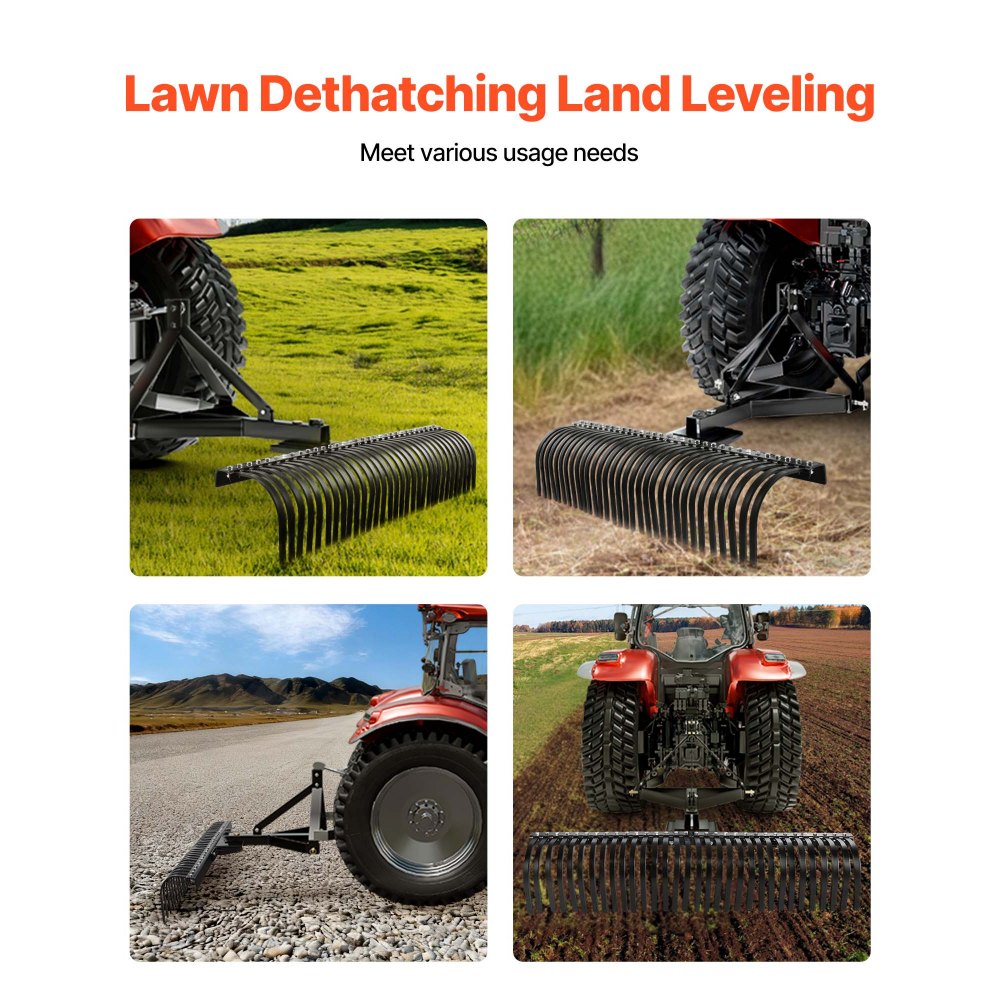 VEVOR Vertikutierer, 1525 mm Arbeitsbreite, Rasentraktor Rechen mit 32 robusten Stahlzinken, Traktor-kompatibler Dreipunkt-Gartenrechen, Rasenlüfter ideal für Bodenbearbeitung & Rasenpflege