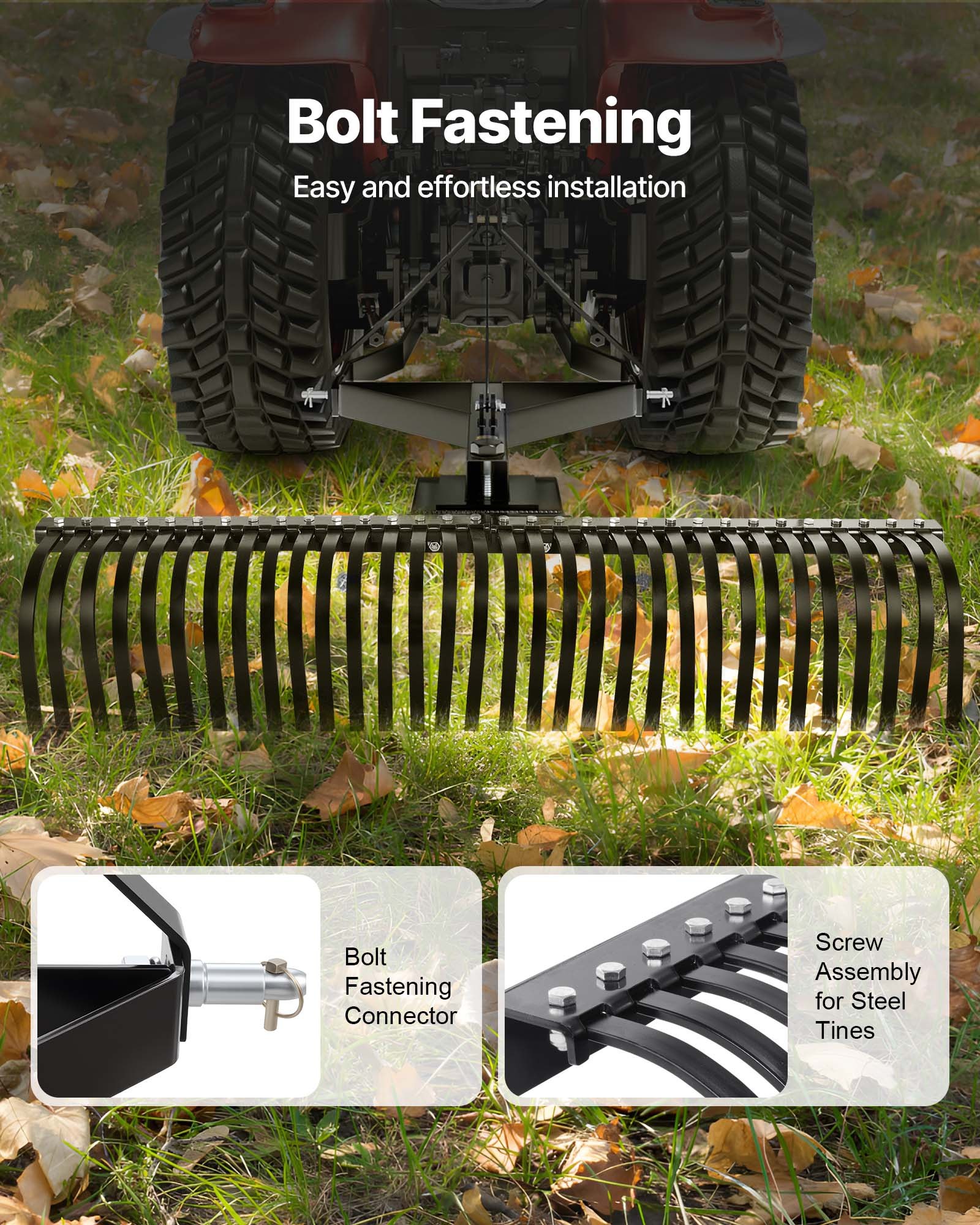 VEVOR Vertikutierer, 1525 mm Arbeitsbreite, Rasentraktor Rechen mit 32 robusten Stahlzinken, Traktor-kompatibler Dreipunkt-Gartenrechen, Rasenlüfter ideal für Bodenbearbeitung & Rasenpflege