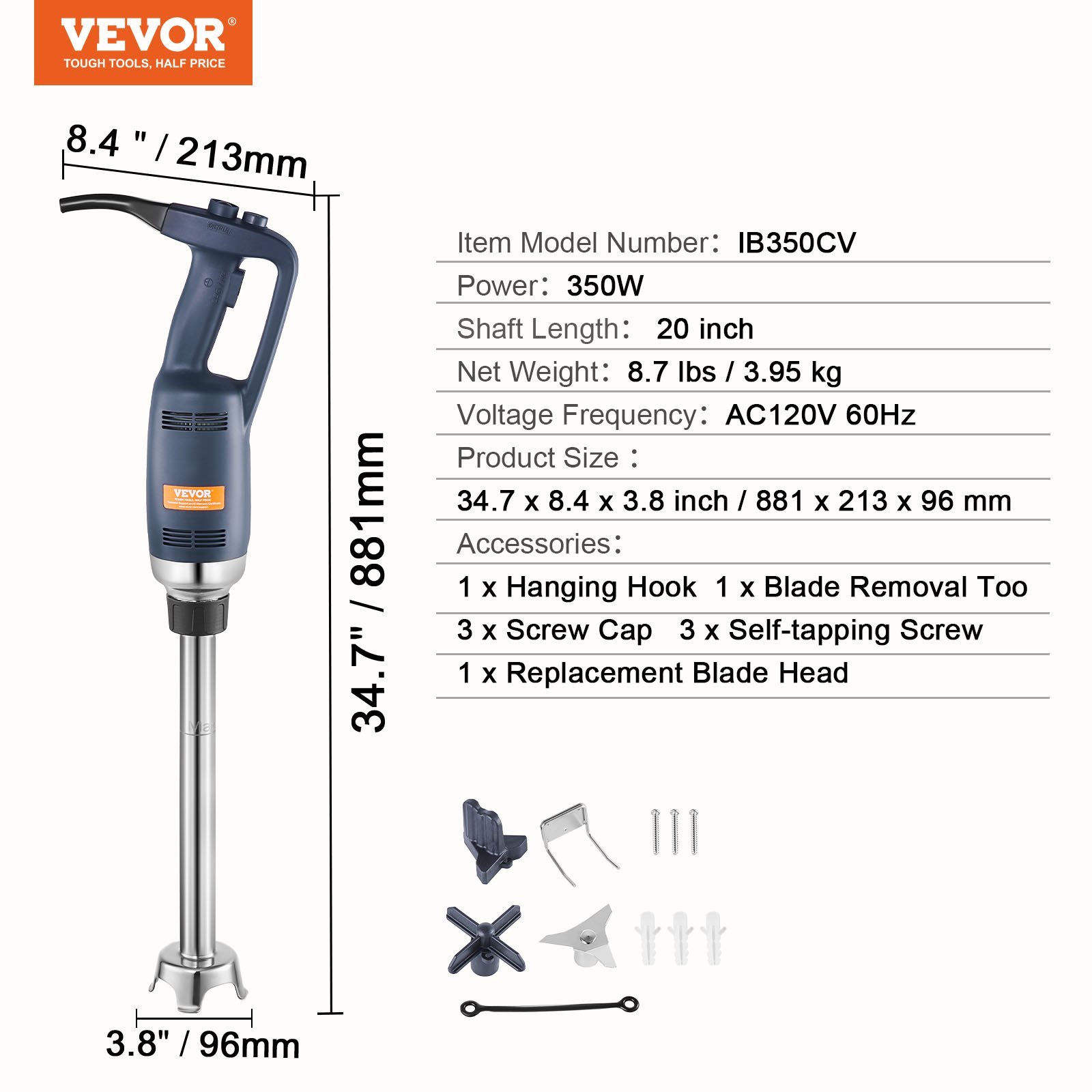 VEVOR Kommerzieller Stabmixer, 350 W Hochleistungs-Handmixer, 20 Zoll stufenloser Mixer mit variabler Geschwindigkeit und Edelstahlklinge, tragbarer Mehrzweckmixer für Suppen, Saucen, Kartoffelpüree, Sahne