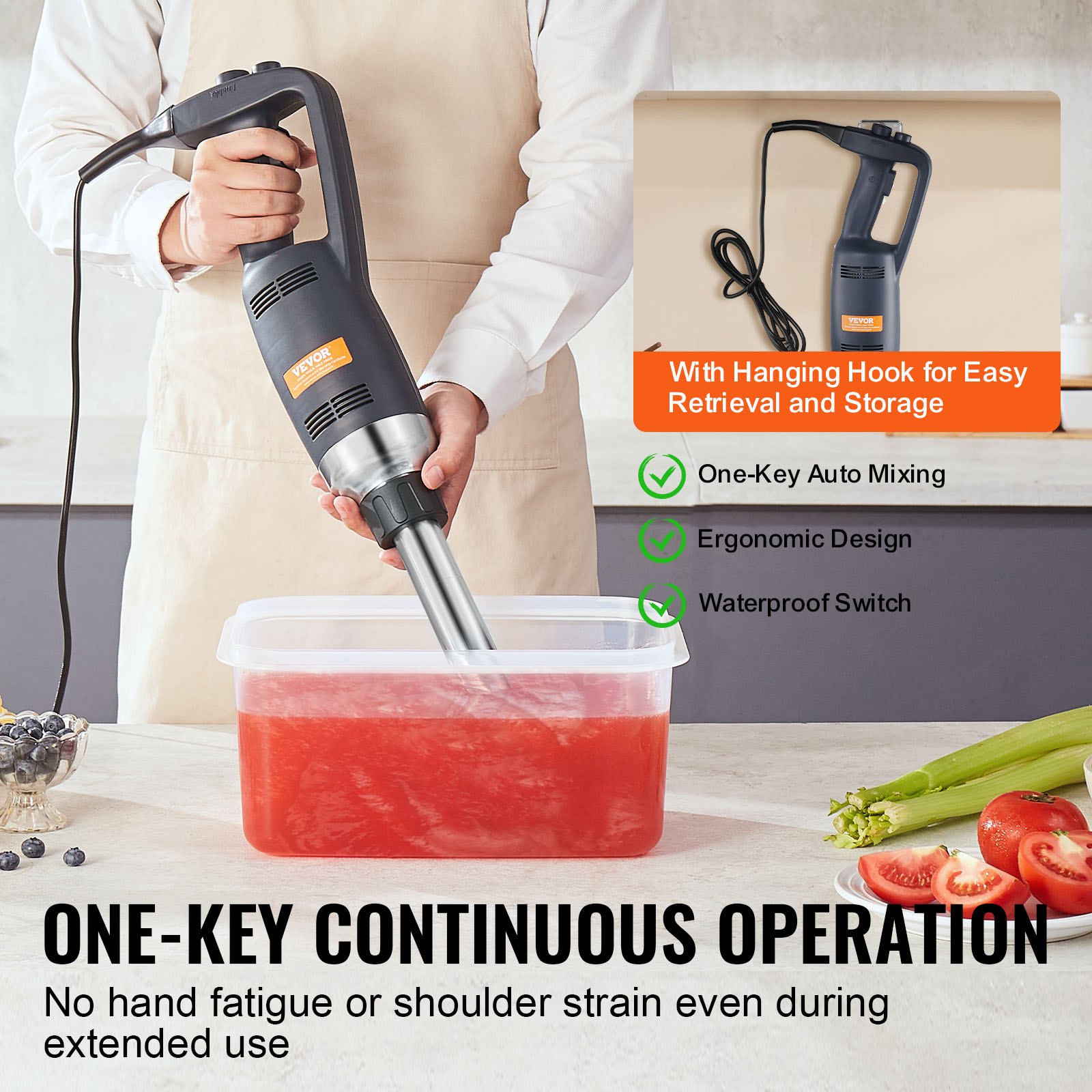 VEVOR kommerzieller Stabmixer Handmixer 350 W, 254 mm stufenloser Stabmixer mit variabler Drehzahlen und Edelstahlklinge, tragbarer Mehrzweckmixer für Suppen, Saucen, Kartoffelpüree, Sahne