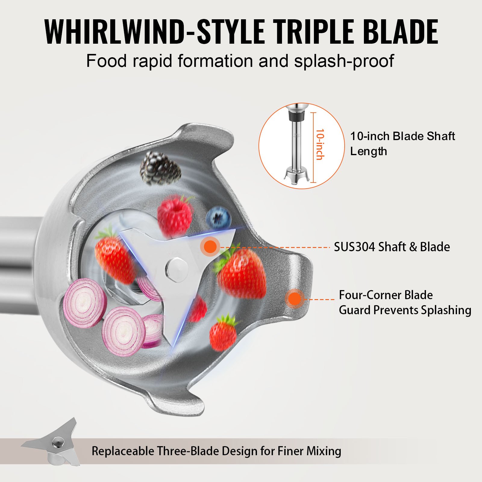 VEVOR kommerzieller Stabmixer Handmixer 350 W, 254 mm stufenloser Stabmixer mit variabler Drehzahlen und Edelstahlklinge, tragbarer Mehrzweckmixer für Suppen, Saucen, Kartoffelpüree, Sahne