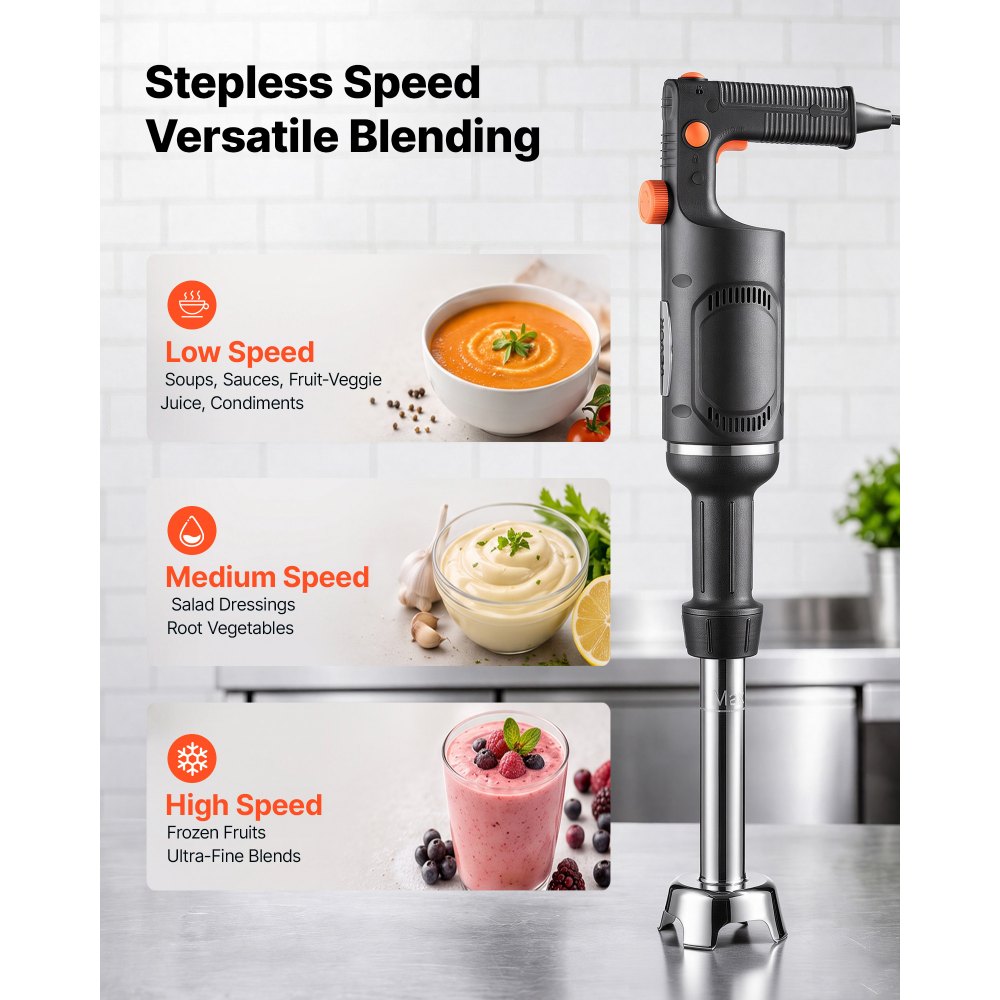 VEVOR Elektrischer Stabmixer 500 W 305 mm Pürierstab 4000–20000 U/min Handrührgerät für Suppen und Saucen, Reinkupfermotor, Variable Drehzahl, 3-Klingen-Kopf aus Edelstahl, mit Wandhalterung