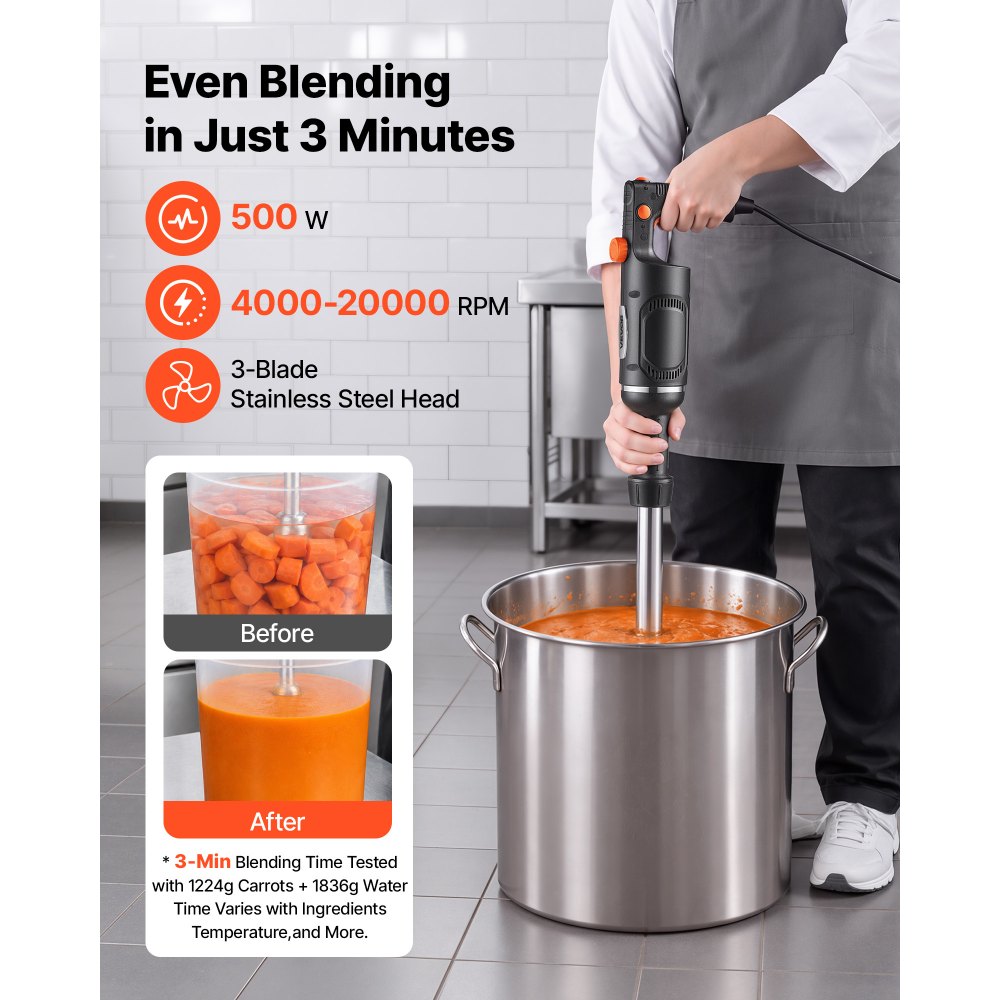 VEVOR Commercial Immersion Blender, 500W, 51 cm, Heavy-Duty Hand Mixer for Restaurant, Handheld Stick for Soups & Sauces, Pure-Copper Motor, Variable Speed, Stainless Steel 3-Blade Head, Lock