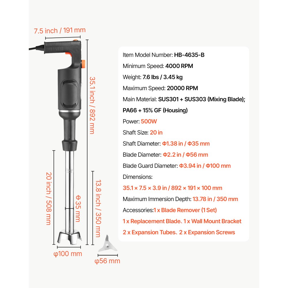 VEVOR Commercial Immersion Blender, 500W, 51 cm, Heavy-Duty Hand Mixer for Restaurant, Handheld Stick for Soups & Sauces, Pure-Copper Motor, Variable Speed, Stainless Steel 3-Blade Head, Lock