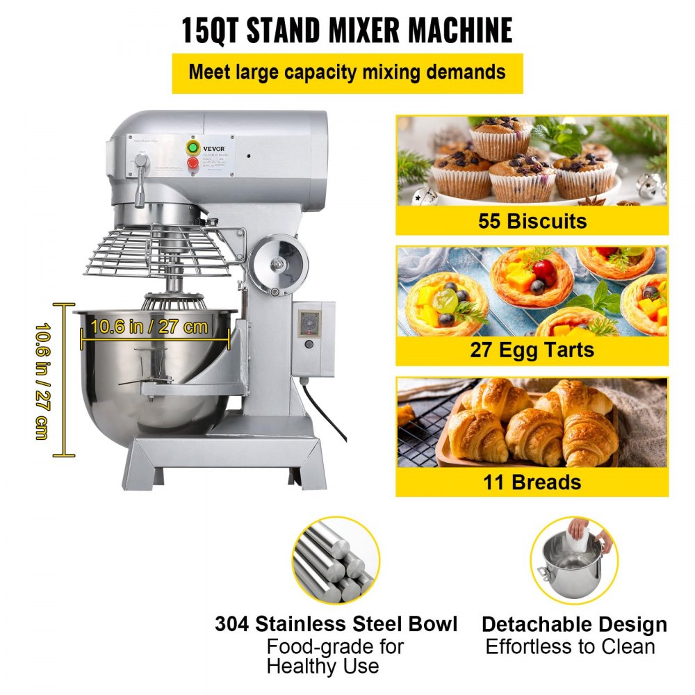 VEVOR Teigknetmaschine Küchenmaschine, 15 Qt Edelstahl Teigmixer, 600 W, einstellbar (130/233/414 U/min), inkl. Edelstahlschüssel, Knethaken, Schneebesen, Rührbesen, ideal für Bäckereien, Restaurants
