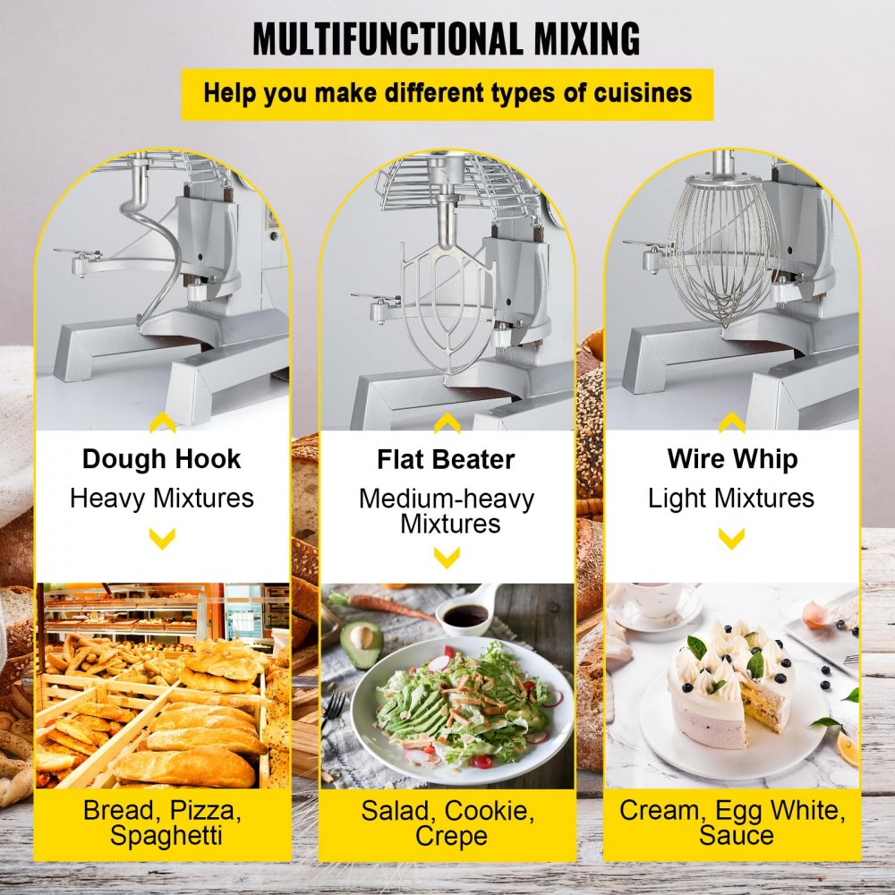VEVOR Teigknetmaschine Küchenmaschine, 15 Qt Edelstahl Teigmixer, 600 W, einstellbar (130/233/414 U/min), inkl. Edelstahlschüssel, Knethaken, Schneebesen, Rührbesen, ideal für Bäckereien, Restaurants