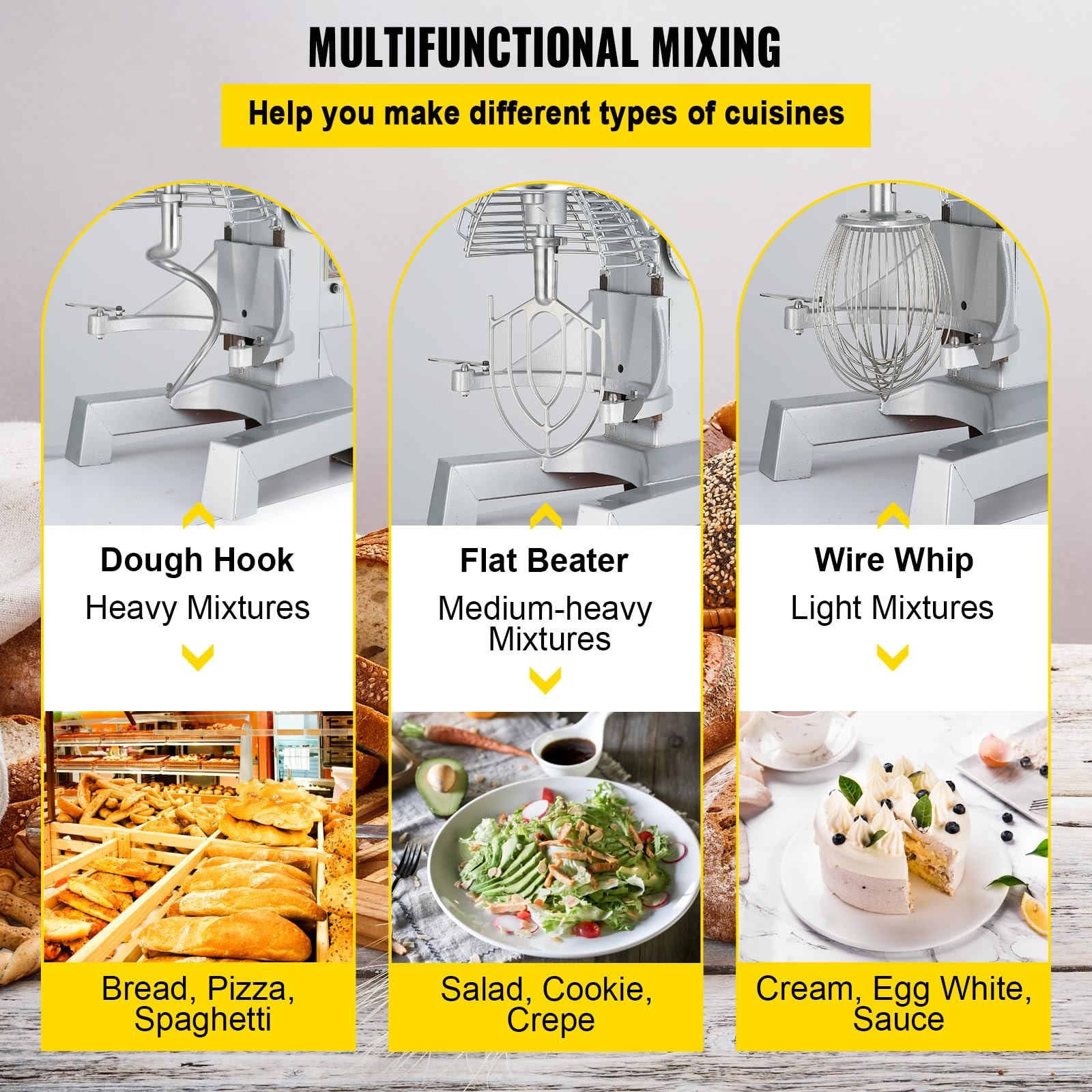 VEVOR Teigknetmaschine Küchenmaschine, 15 Qt Edelstahl Teigmixer, 600 W, einstellbar (130/233/414 U/min), inkl. Edelstahlschüssel, Knethaken, Schneebesen, Rührbesen, ideal für Bäckereien, Restaurants