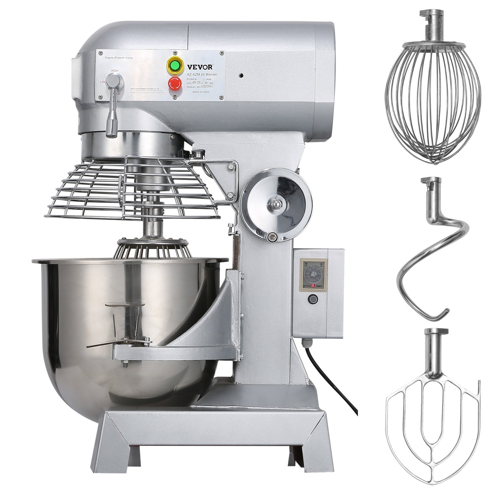 VEVOR Teigknetmaschine Küchenmaschine, 15 Qt Edelstahl Teigmixer, 600 W, einstellbar (130/233/414 U/min), inkl. Edelstahlschüssel, Knethaken, Schneebesen, Rührbesen, ideal für Bäckereien, Restaurants