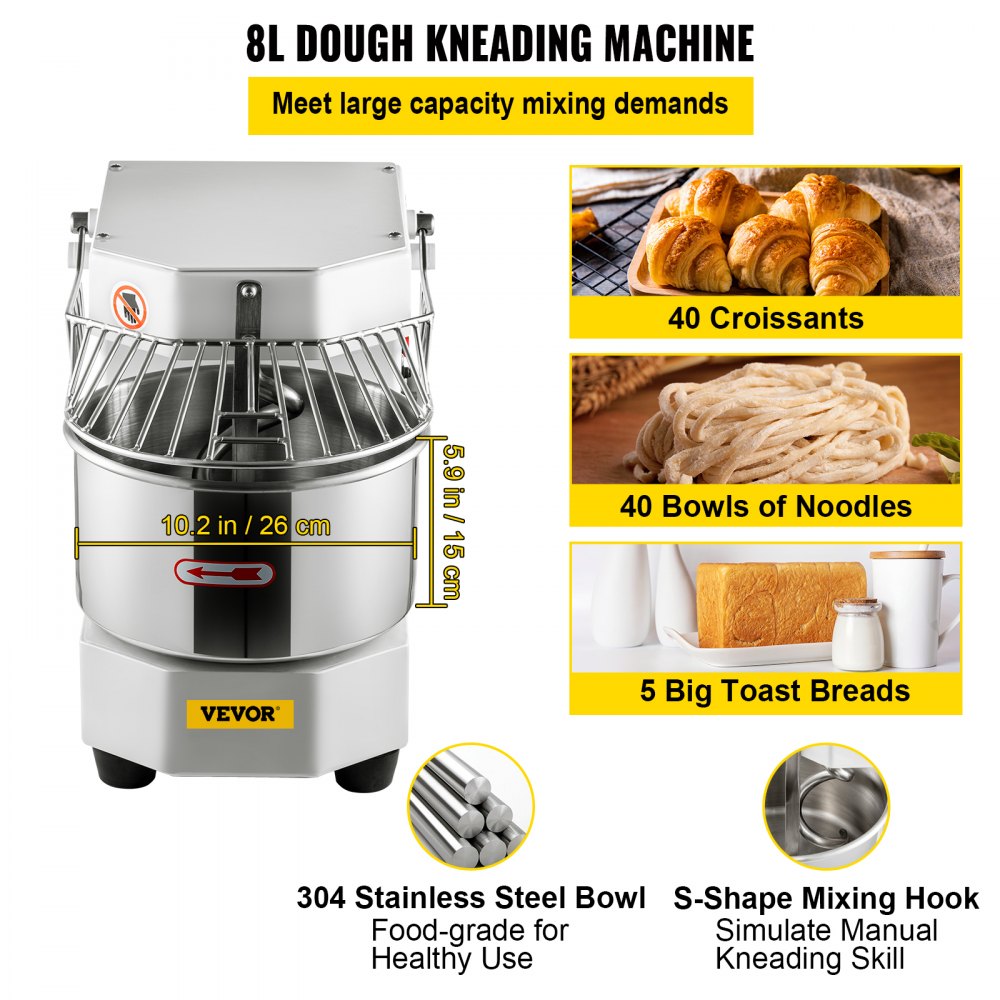 VEVOR Teigknetmaschine Küchenmaschine, 8 L Edelstahl Teigmixer, 450 W, einstellbar (130/233/414 U/min), inkl. Edelstahlschüssel, Sicherheitsschild, Timer, ideal für Bäckereien, Restaurants, Pizzeria