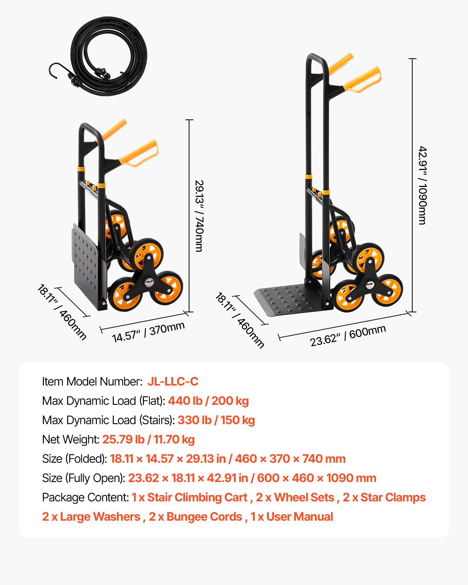 VEVOR Treppensackkarre klappbar, Sackkarre 150 kg Tragkraft, Treppensteiger mit 6 Rädern & 2 Spanngurten, Transportkarre, Treppenkarre, Stapelkarre, ideal für Haushalt, Einkauf & Lager