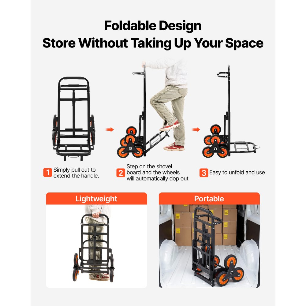 VEVOR Stair Climbing Cart, 100 kg Stair-Climbing Capacity, Heavy-Duty Folding Trolley Cart with Telescoping Handle, 6 Wheels and 2 Bungee Cords, Stair Climber Dolly for Home, Groceries, Warehouse