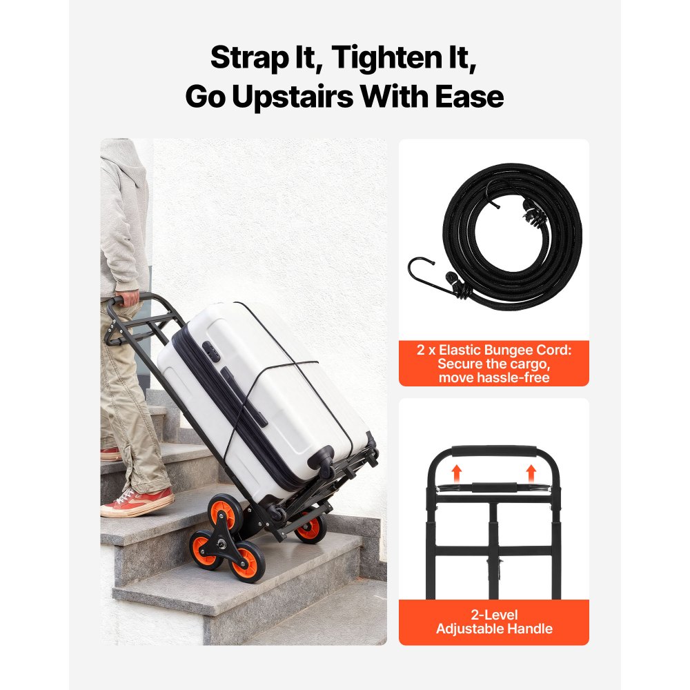 VEVOR Stair Climbing Cart, 100 kg Stair-Climbing Capacity, Heavy-Duty Folding Trolley Cart with Telescoping Handle, 6 Wheels and 2 Bungee Cords, Stair Climber Dolly for Home, Groceries, Warehouse