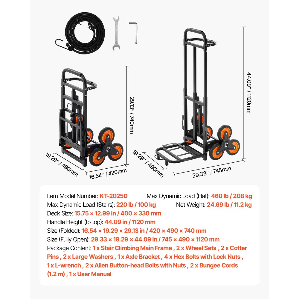 VEVOR Stair Climbing Cart, 100 kg Stair-Climbing Capacity, Heavy-Duty Folding Trolley Cart with Telescoping Handle, 6 Wheels and 2 Bungee Cords, Stair Climber Dolly for Home, Groceries, Warehouse