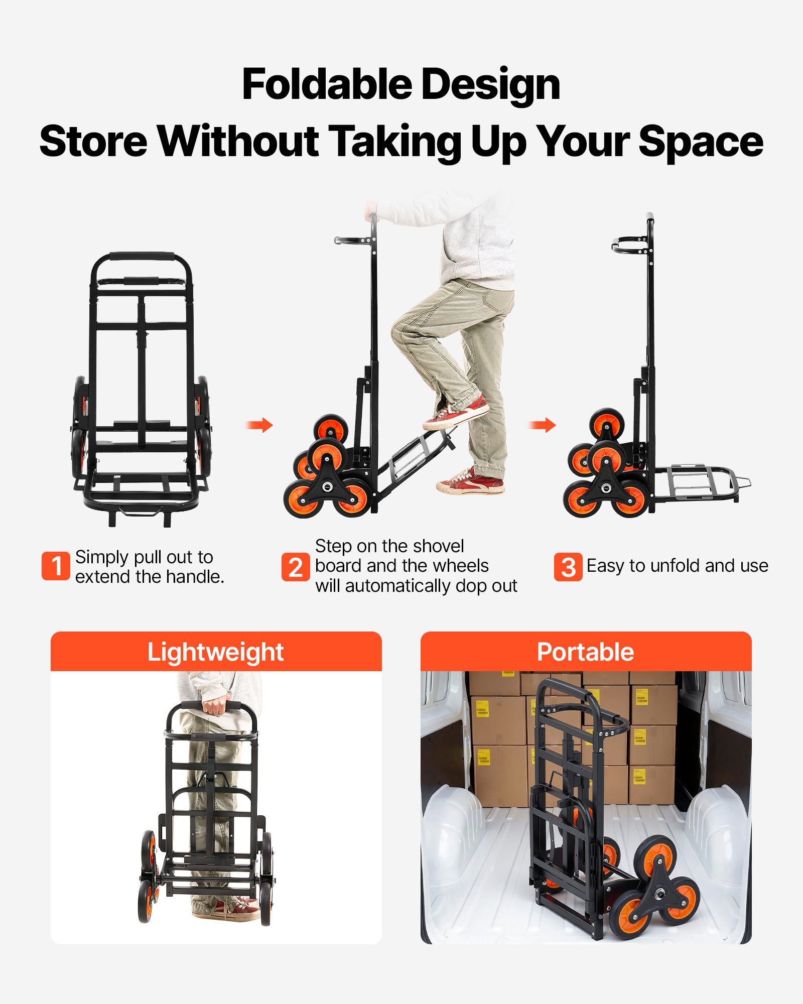 VEVOR Stair Climbing Cart, 100 kg Stair-Climbing Capacity, Heavy-Duty Folding Trolley Cart with Telescoping Handle, 6 Wheels and 2 Bungee Cords, Stair Climber Dolly for Home, Groceries, Warehouse