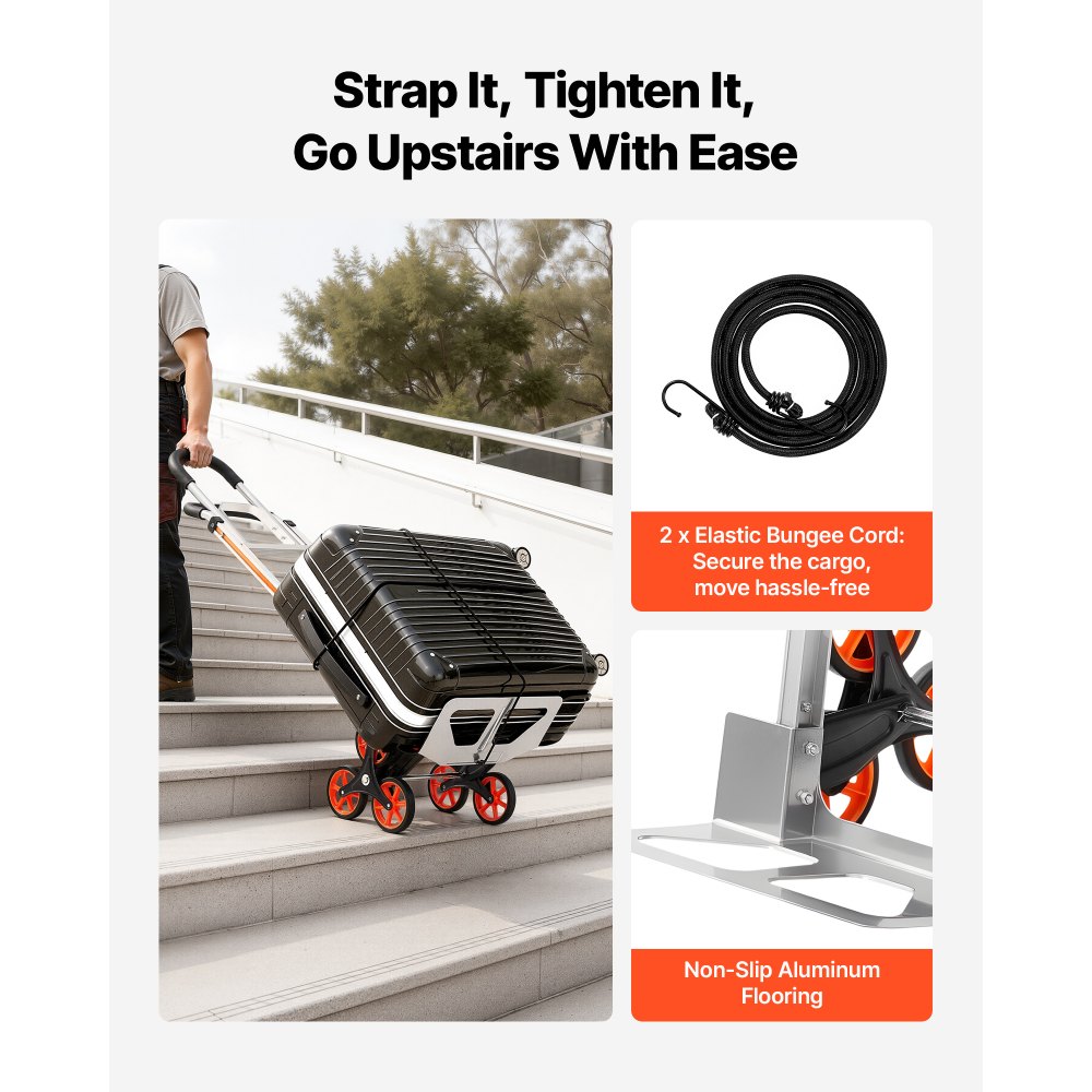 VEVOR Treppensackkarre Klappbar, Sackkarre 150 kg Tragkraft, Treppensteiger aus Aluminiumlegierung mit Teleskopgriff, 6 Rädern & 2 Spanngurten, Stapelkarre für Haushalt, Einkauf & Lager