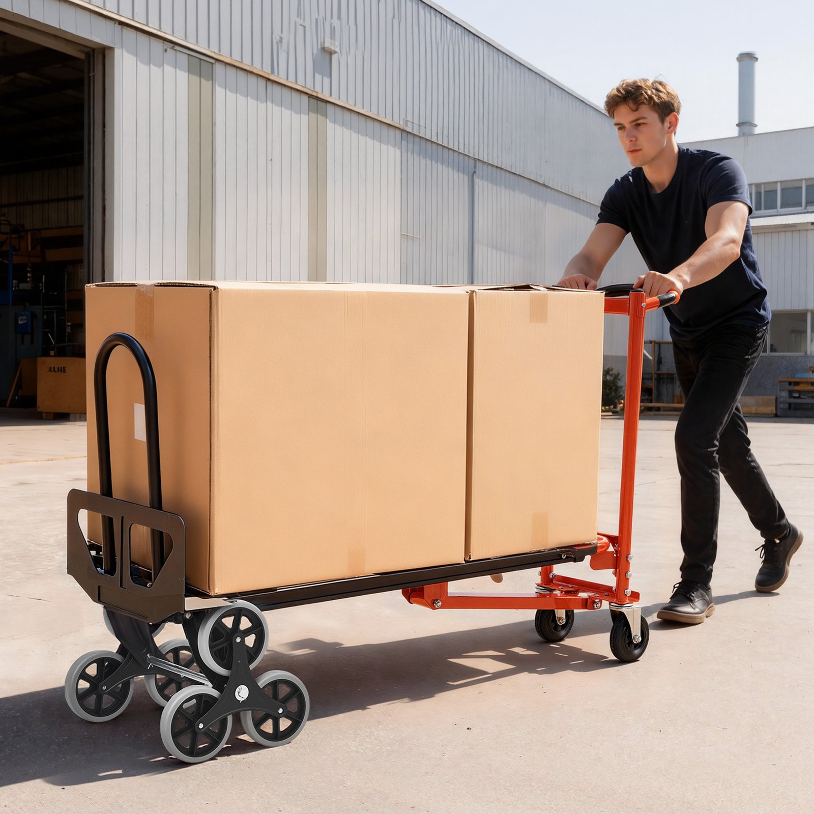 VEVOR 3-in-1 Treppensackkarre, Sackkarre max. Traglast 350 kg, klappbare Transportkarre mit Griff & Rädern, Treppensteiger-Transportwagen, Stapelkarre, Treppensteigerwagen, Orange & Silber