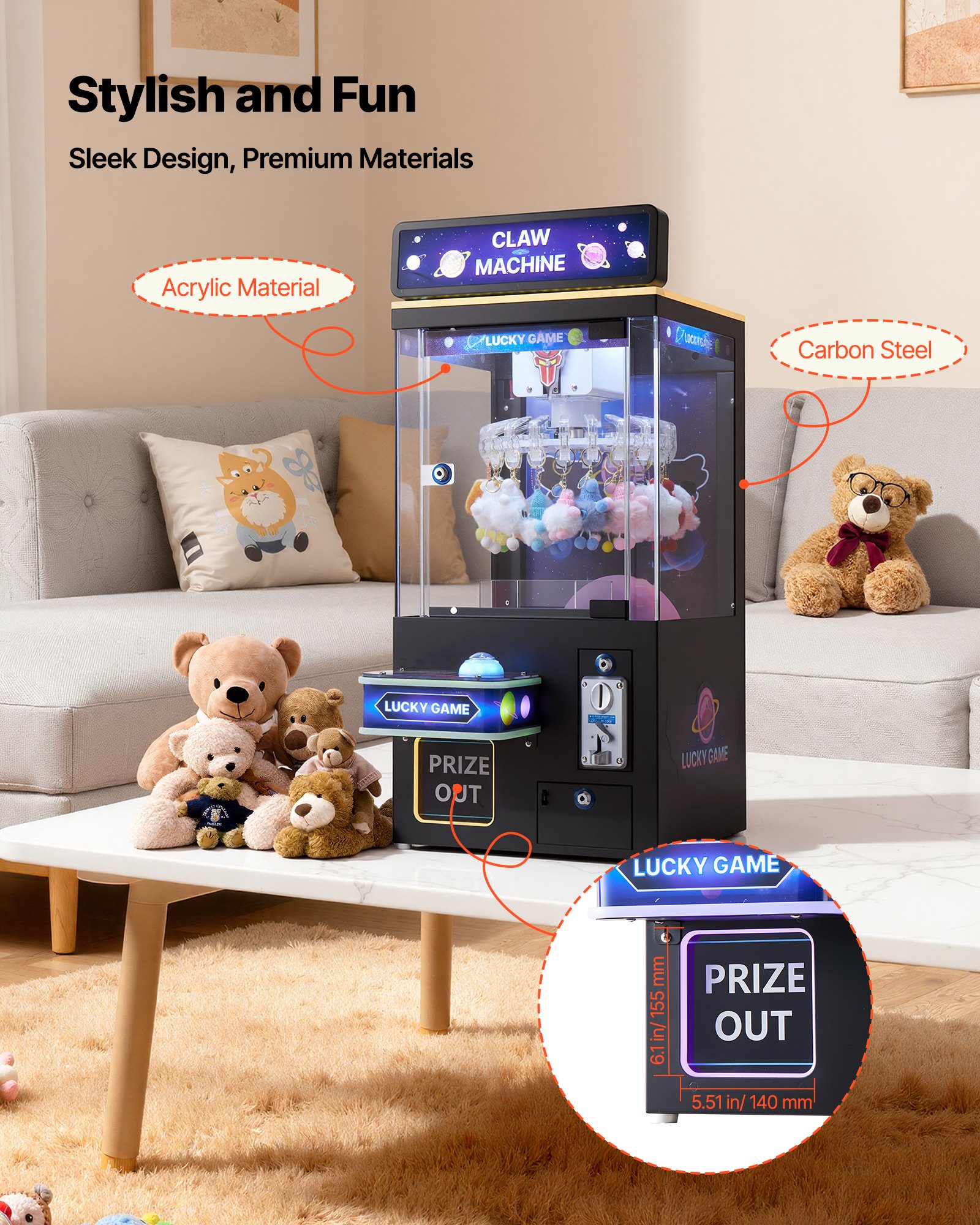 VEVOR Greifautomat, mittelgroßer Arcade-Spielautomat mit Licht und Ton, einstellbarem Schwierigkeitsgrad, präziser Süßigkeitengreifer-Preisspender, für kommerzielles Heimkino, Schwarz-Lila