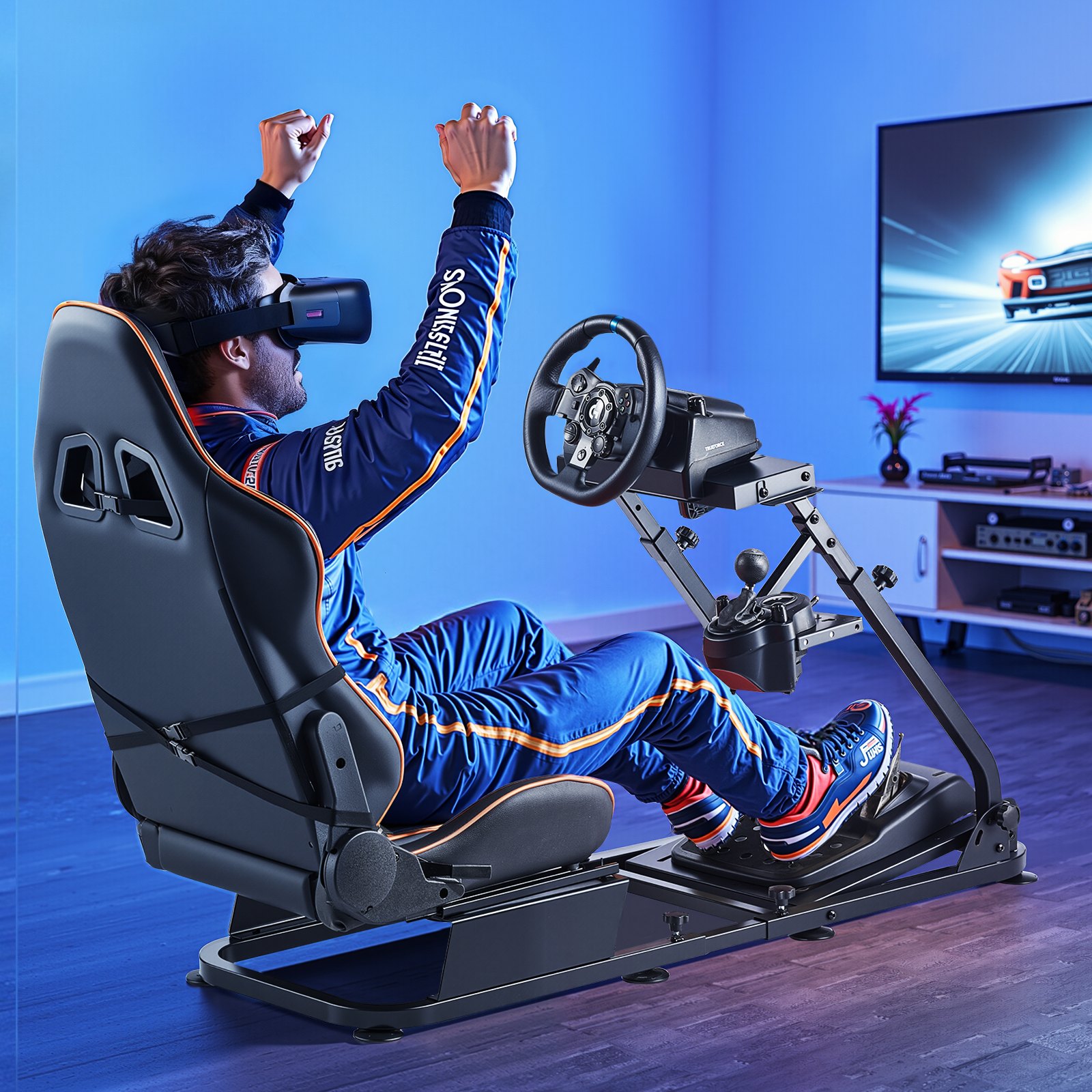 VEVOR Lenkradständer, Simulator-Cockpit mit Doppelschienen-Doppelarm, passend für Logitech G25, G27, G29, G920, G923, Thrustmaster T300RS, TX F458, T500RS, T3PA-PRO (F1/GT) und CSR-Pedale