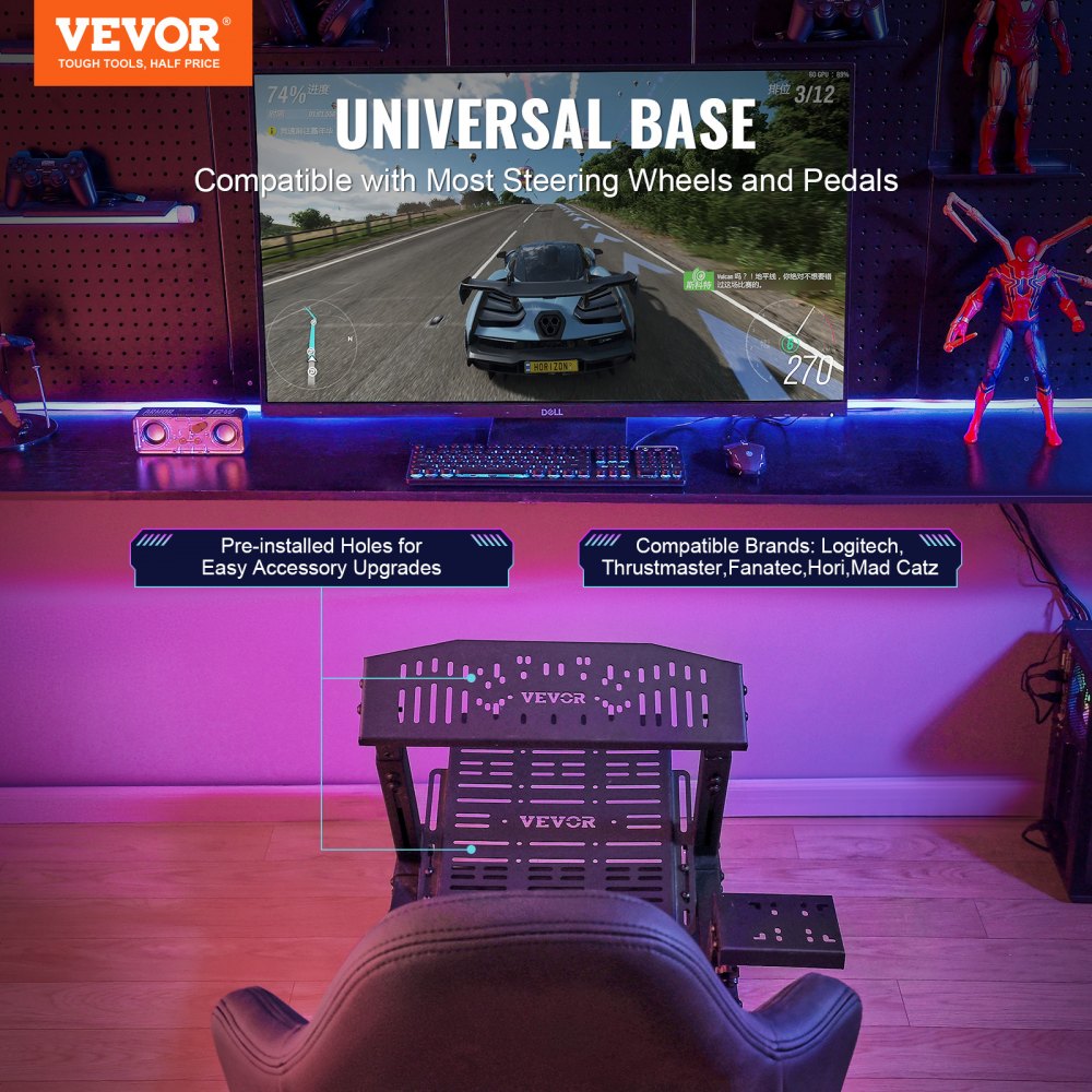 VEVOR Racing Wheel Stand for Logitech G923/G920/G29, Robust Steel Driving Simulator Cockpit – Thrustmaster T248P, Height-Adjustable Wheel Mount and Adjustable Foot Pedal Angle, Max. Load Capacity 330 lbs, Compact