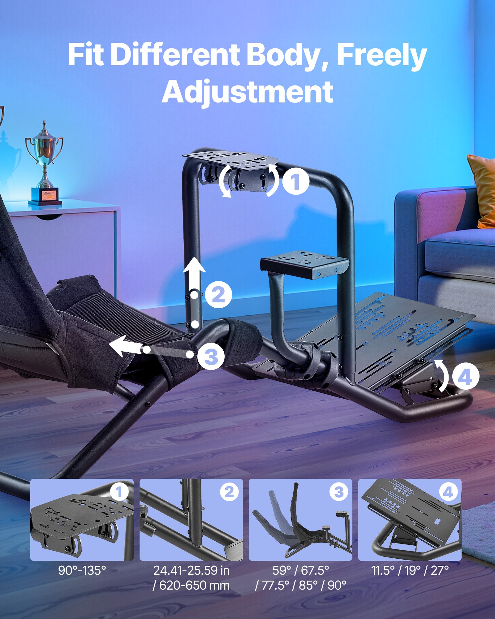 VEVOR Lenkständer, Racing Wheel Stand für integrierte Simulator-Cockpits, für Logitech G25, G27, G29, G920, G923, Thrustmaster T300RS, TX F458, T500RS, T3PA-PRO (F1/GT) und CSR-Pedale, Schwarz