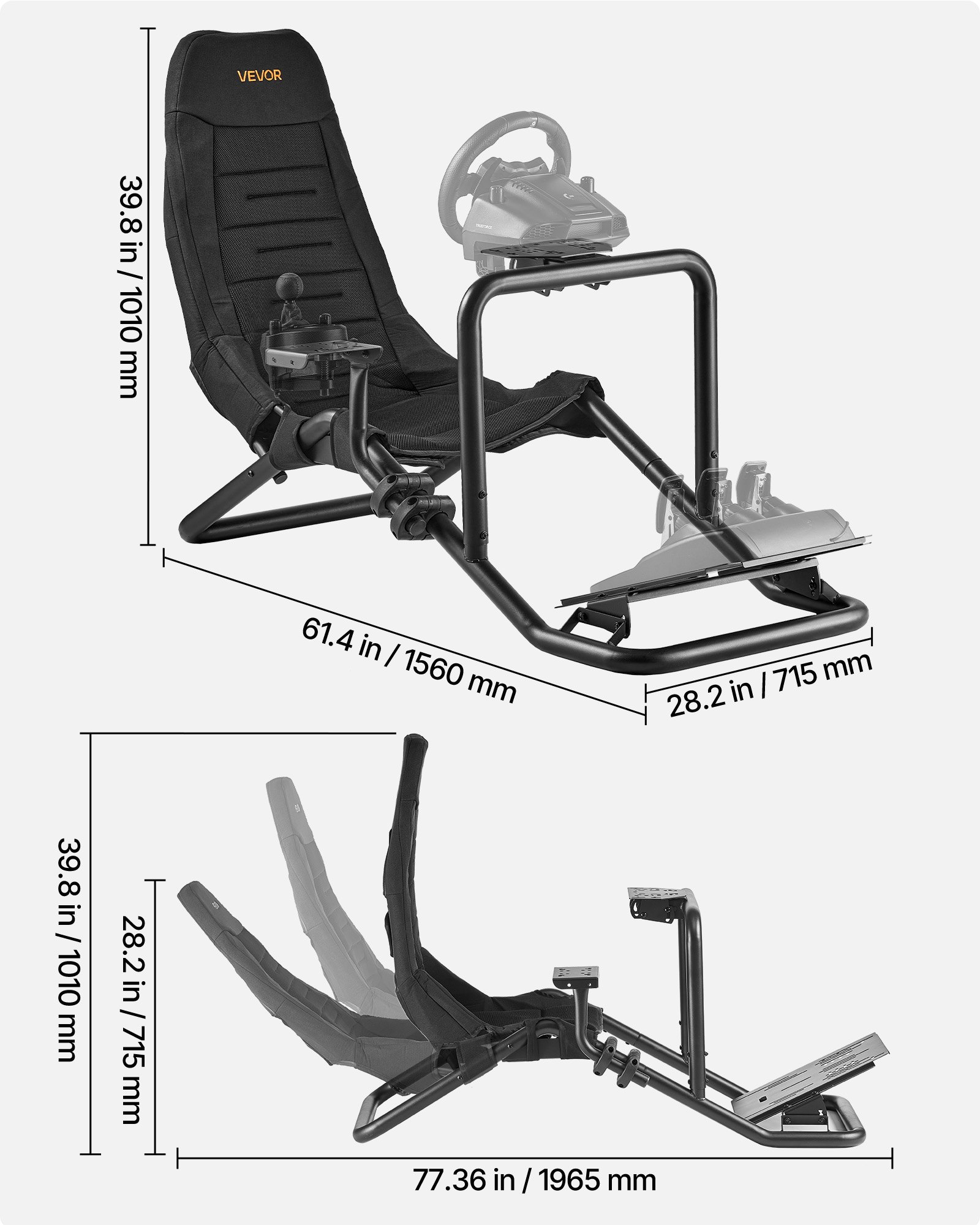 VEVOR Lenkständer, Racing Wheel Stand für integrierte Simulator-Cockpits, für Logitech G25, G27, G29, G920, G923, Thrustmaster T300RS, TX F458, T500RS, T3PA-PRO (F1/GT) und CSR-Pedale, Schwarz