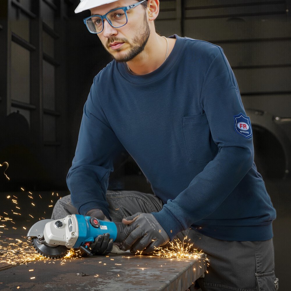 VEVOR Langarmshirt, flammhemmend, leichte, 7 oz atmungsaktive Baumwolle, Arbeitskleidung für Herren mit Vorschrumpfbehandlung & Tasche, für Schweißer, Elektriker, Marineblau, 2XL