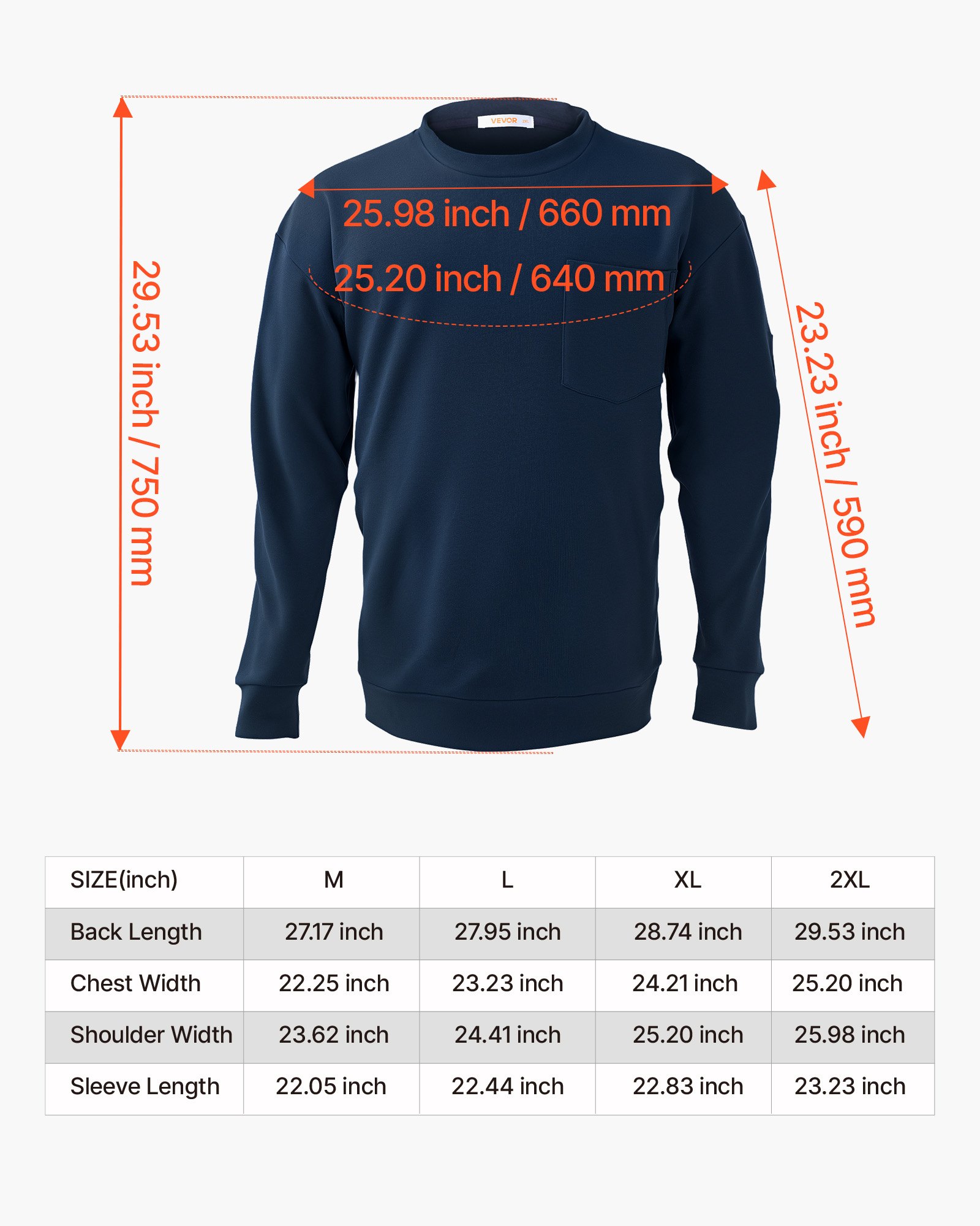 VEVOR Langarmshirt, flammhemmend, leichte, 7 oz atmungsaktive Baumwolle, Arbeitskleidung für Herren mit Vorschrumpfbehandlung & Tasche, für Schweißer, Elektriker, Marineblau, 2XL