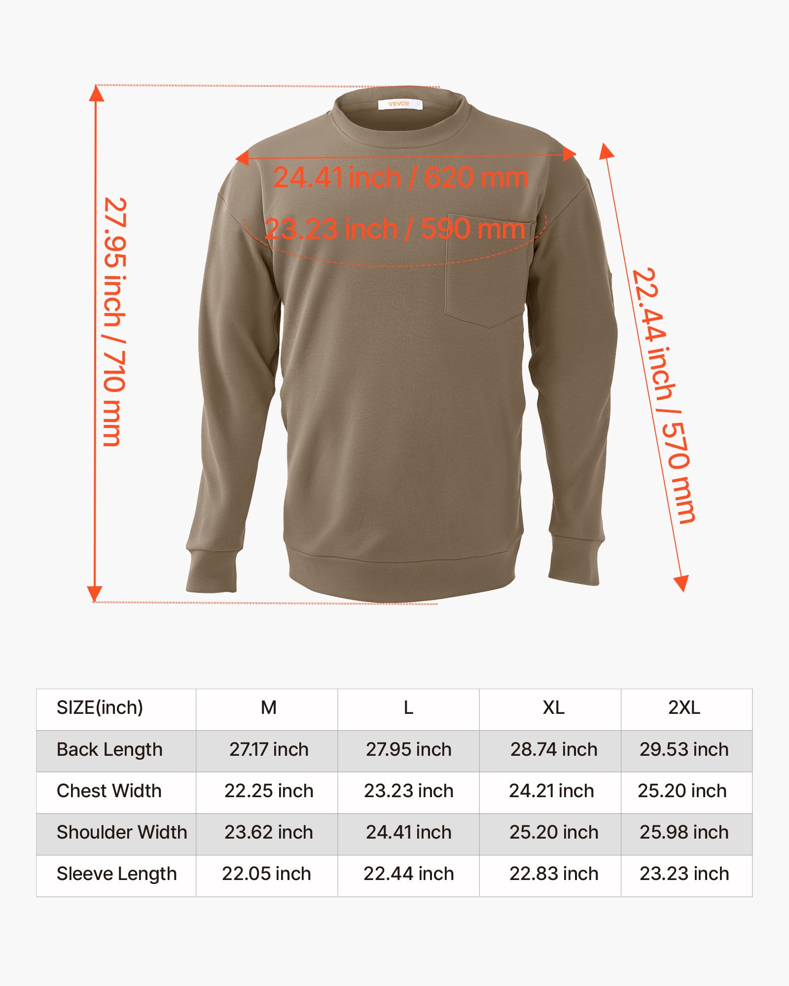 VEVOR flammhemmendes Langarmshirt, leichte, atmungsaktive Baumwolle (7 oz), feuerhemmende Arbeitskleidung für Herren mit Vorschrumpfbehandlung und Tasche, für Schweißer, Elektriker, hellbraun L