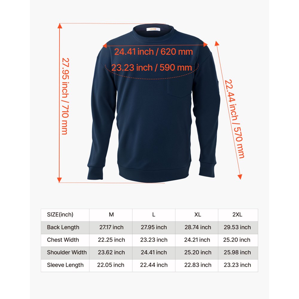 VEVOR flammhemmende Langarmshirt, leichte, atmungsaktive Baumwolle (7 oz), feuerhemmende Arbeitskleidung für Herren mit Vorschrumpfbehandlung und Tasche, für Schweißer, Elektriker, Marineblau L